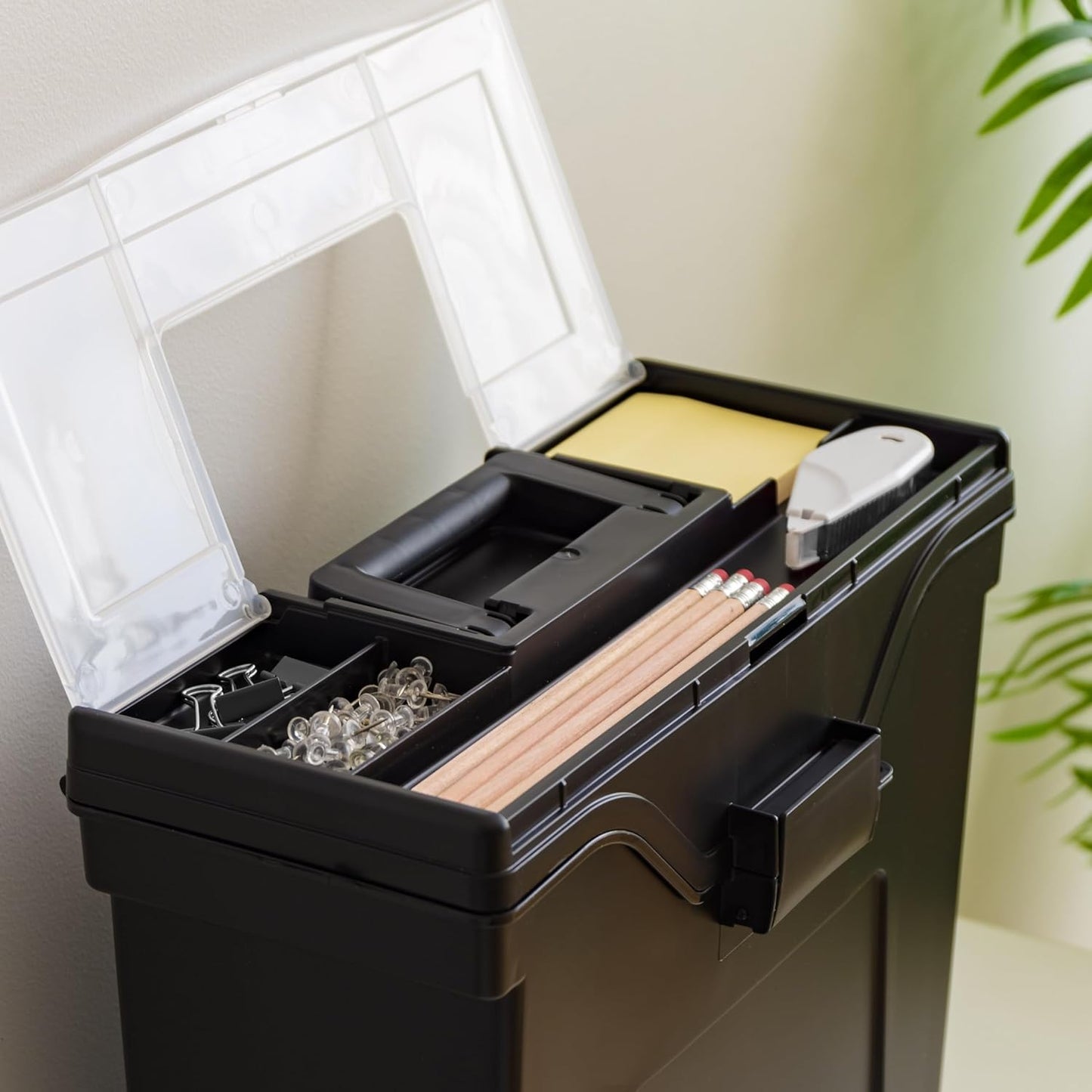 IRIS USA Portable File Box With Handle, Slim w/Organizer Lid, Plastic File Organizer Box for Letter Files, Hanging Filing Folder Organizer, Lockable, Secure Buckle, Black