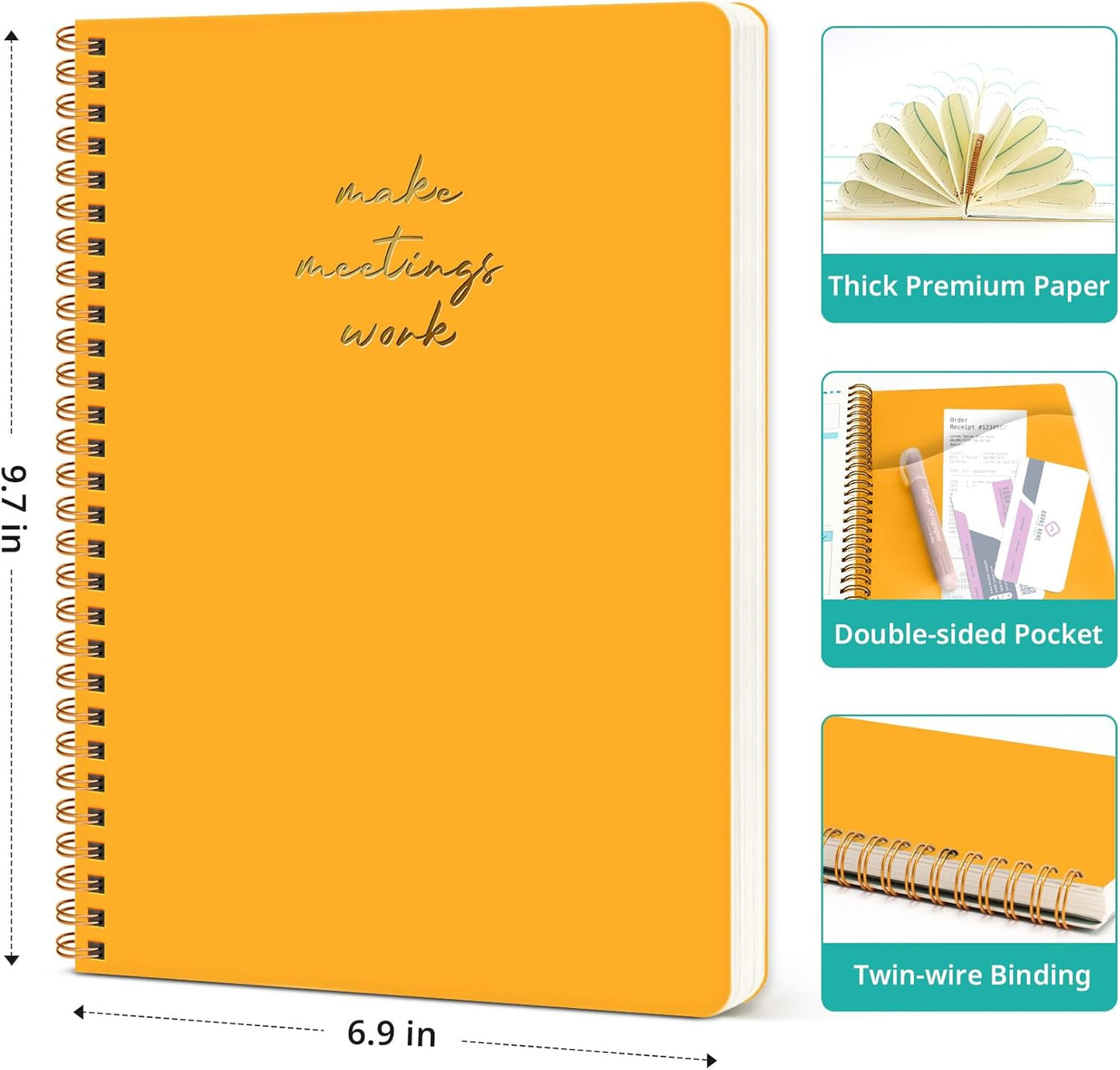 Taja Meeting Notebook for Work Organization - Work notebook with action items, Meeting Minutes Planner Notebook, Perfect Office Supplies for Men & Women - Yellow