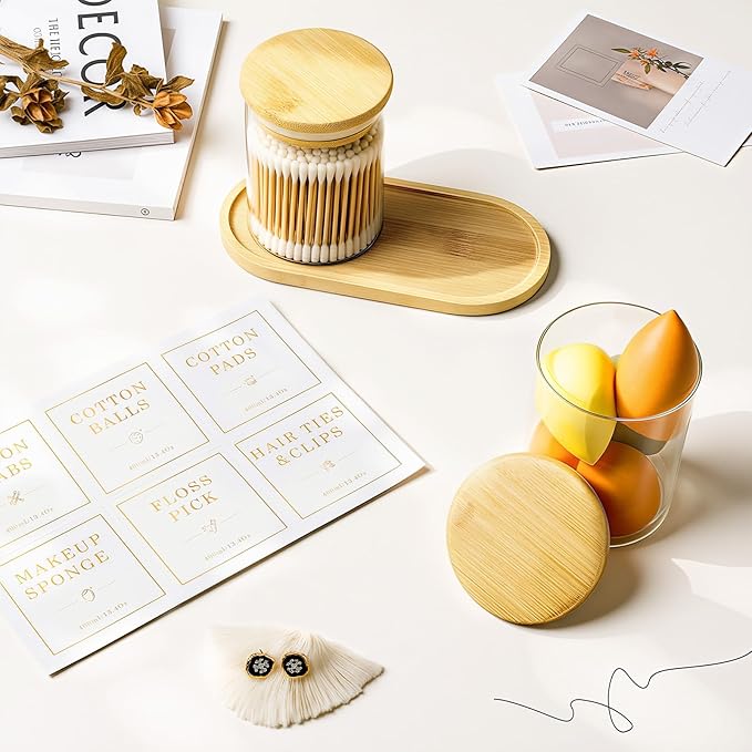 Luxspire Glass Qtip Holder with Vanity Tray, 2 Pack Cotton Swab Holder with Bamboo Lid, 13.4 oz Glass Apothecary Jars Bathroom Accessories Canisters for Cotton Swabs, Balls, Pads, Floss Picks