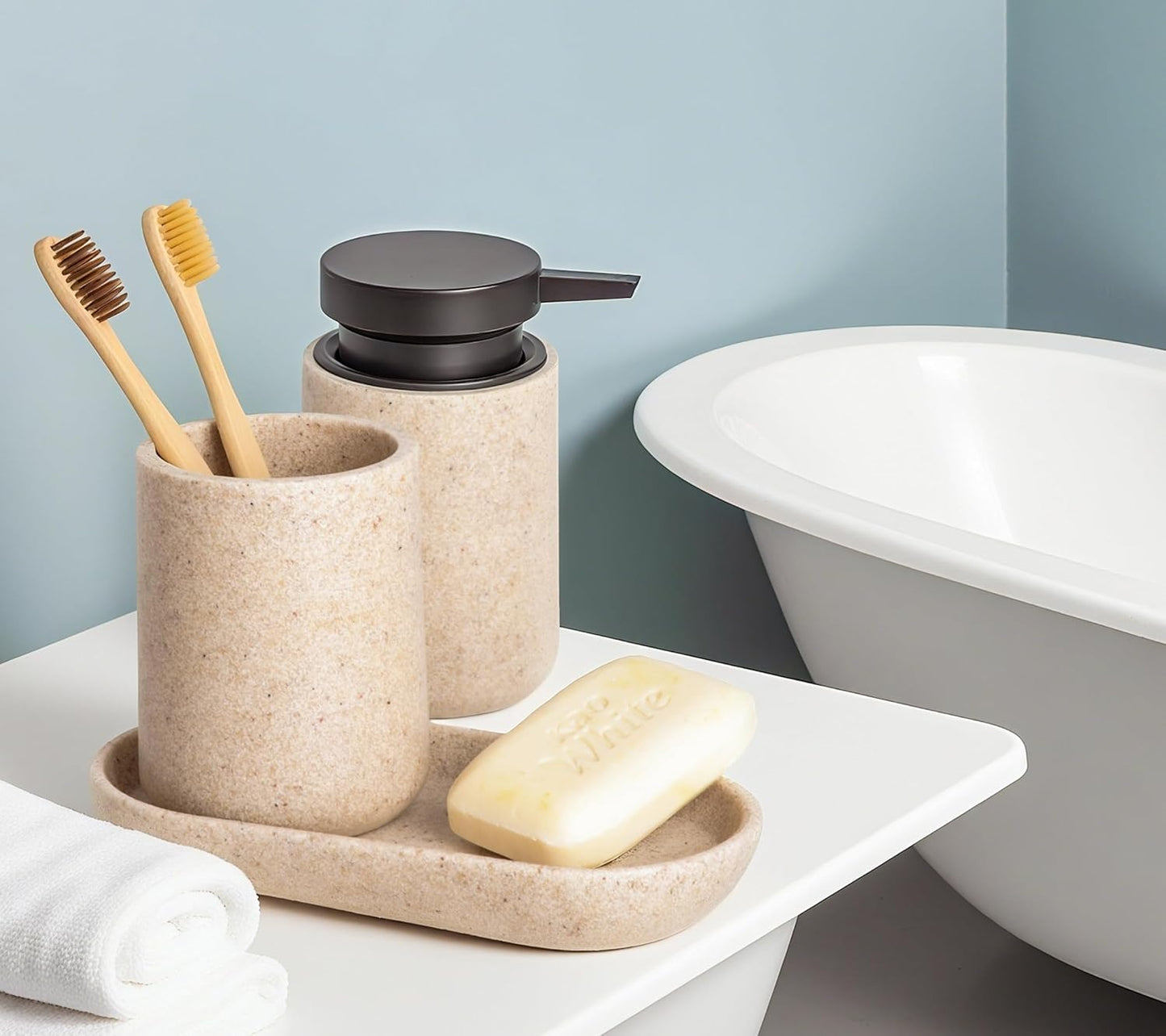 3 Pcs Bathroom Accessories Set, Liquid Soap Dispenser with Large Pump, Toothbrush Holder Cup and Soap Dish, Sandstone Texture Bathroom Counter Set for Modern Home (Beige)