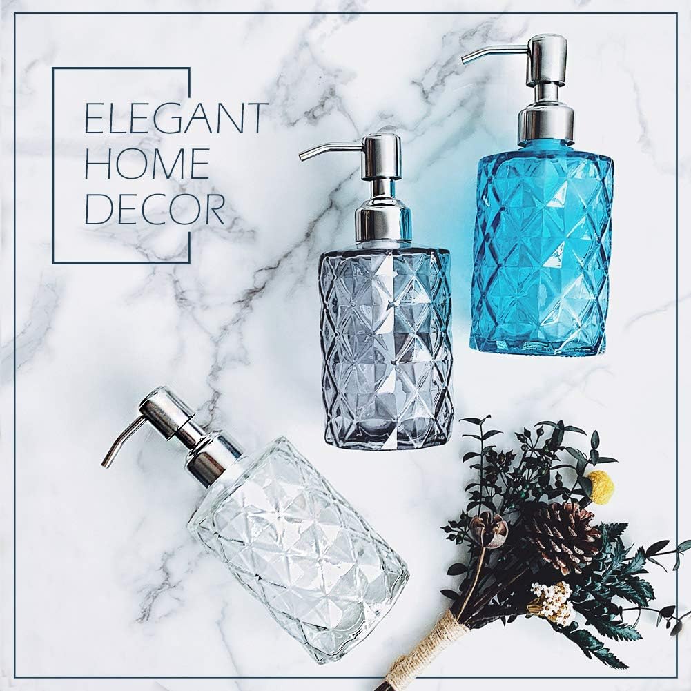 JASAI Diamond Design Soap Dispenser with 304 Rust Proof Stainless Steel Soap Pump, 12 Ounce Kitchen Soap Dispenser for Bathroom, Hand Soap, Dish Soap (Clear Blue).