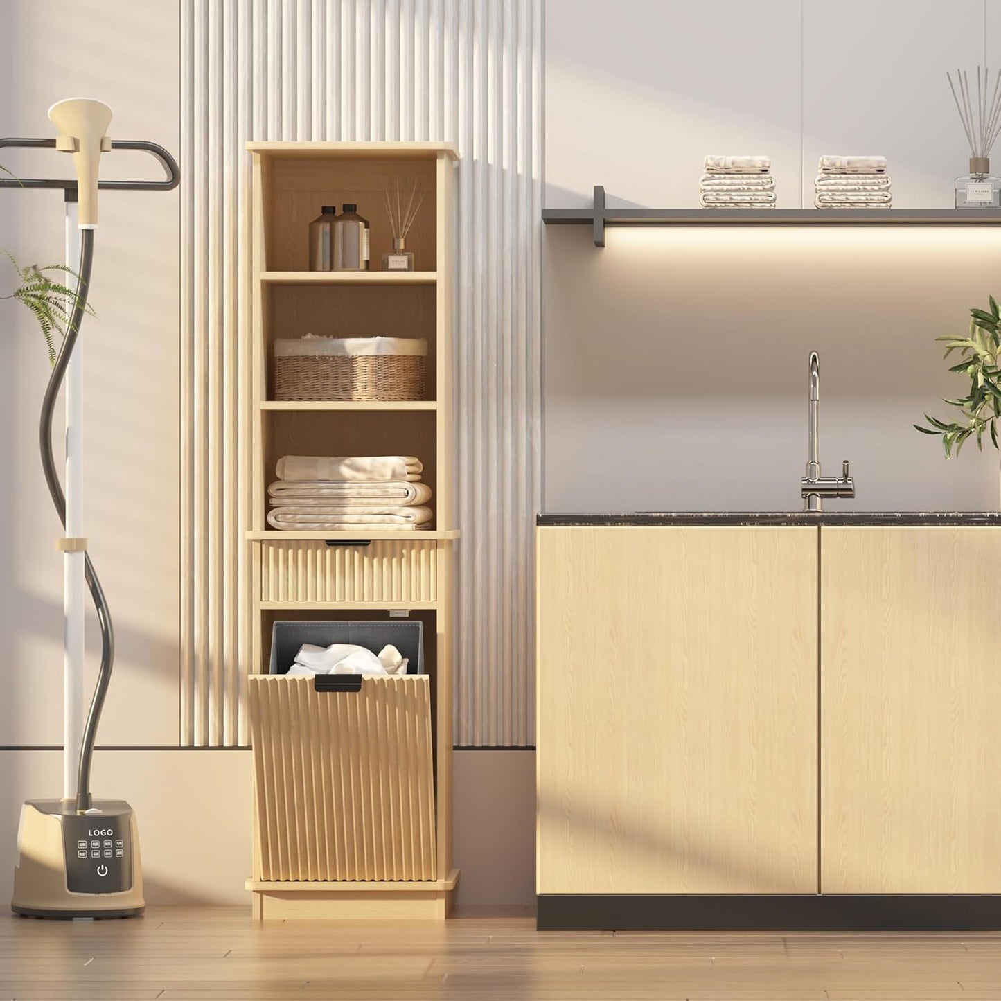 Natural Tilt Out Laundry Hamper Tall Bathroom Storage Cabinet Hidden Laundry Hamper Cabinet with Drawers and Baskets for Bathroom Hamper with Storage for Bedroom,16x16x59in