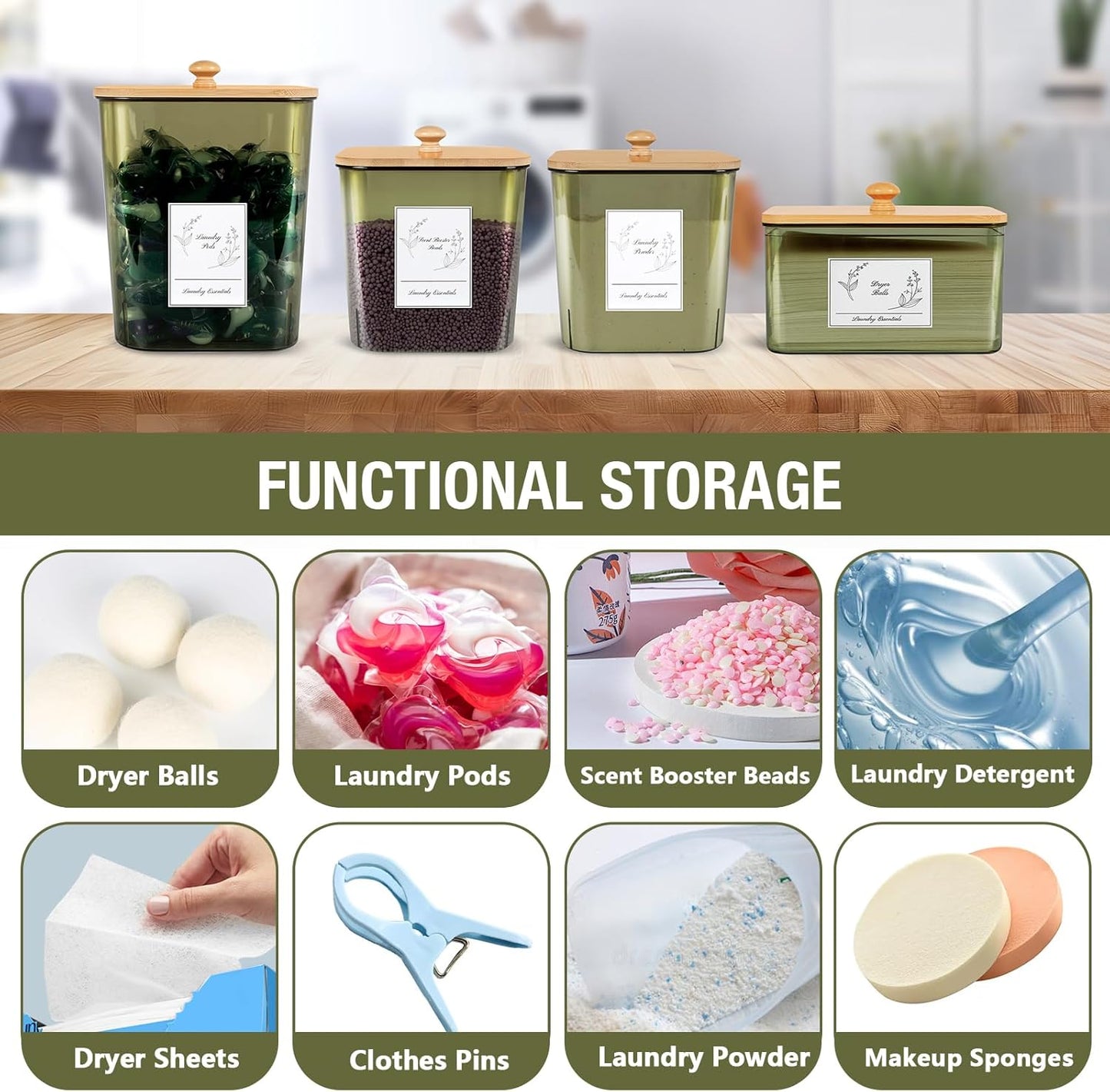 4 Pack Laundry Pods Container & Dryer Sheet Holder, Plastic Pod Holder with Lids & Scoops, Laundry Room Organization and Storage Sets for Powder, Detergent, Scent Booster