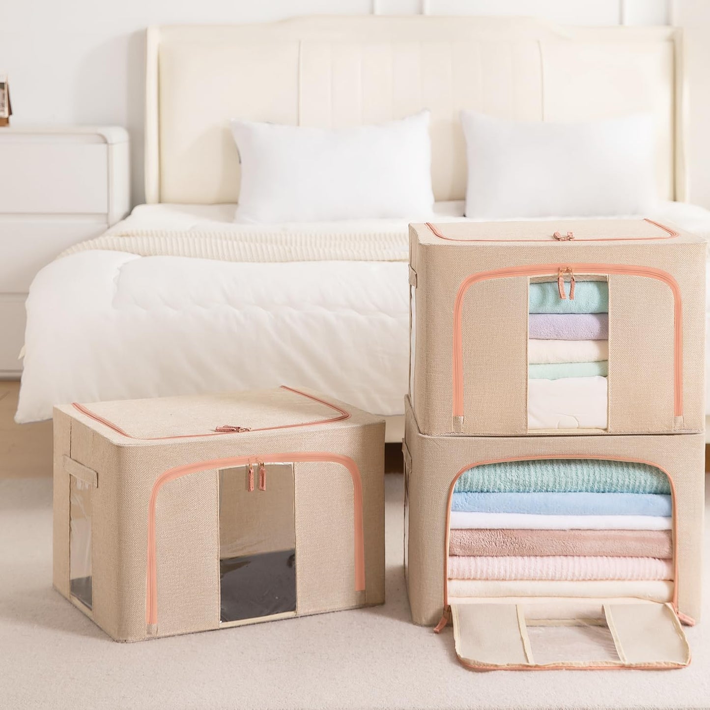 24L Stackable Clothes Storage Bins with Metal Frame Handles & Zipper, Collapsible Closet Organizer Box with Lid for Bedding Blankets Towel (Beige,1 pack)