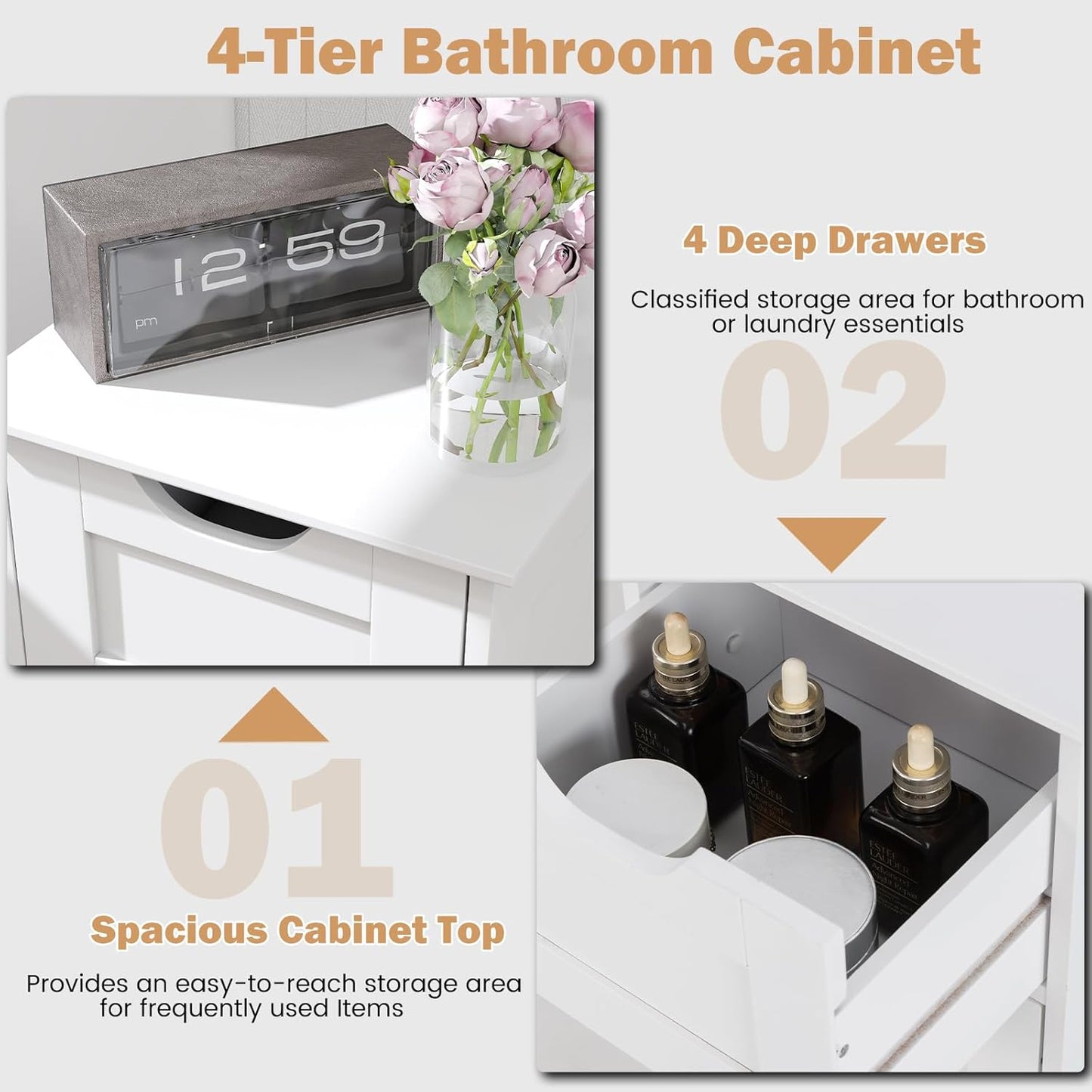 LOKO Bathroom Storage Cabinet with 4 Drawers, Narrow Floor Standing Cabinet with Cut-Out Handles, Anti-toppling Device, Home Storage Organizer Unit for Laundry Room, Living Room, Entryway (White)