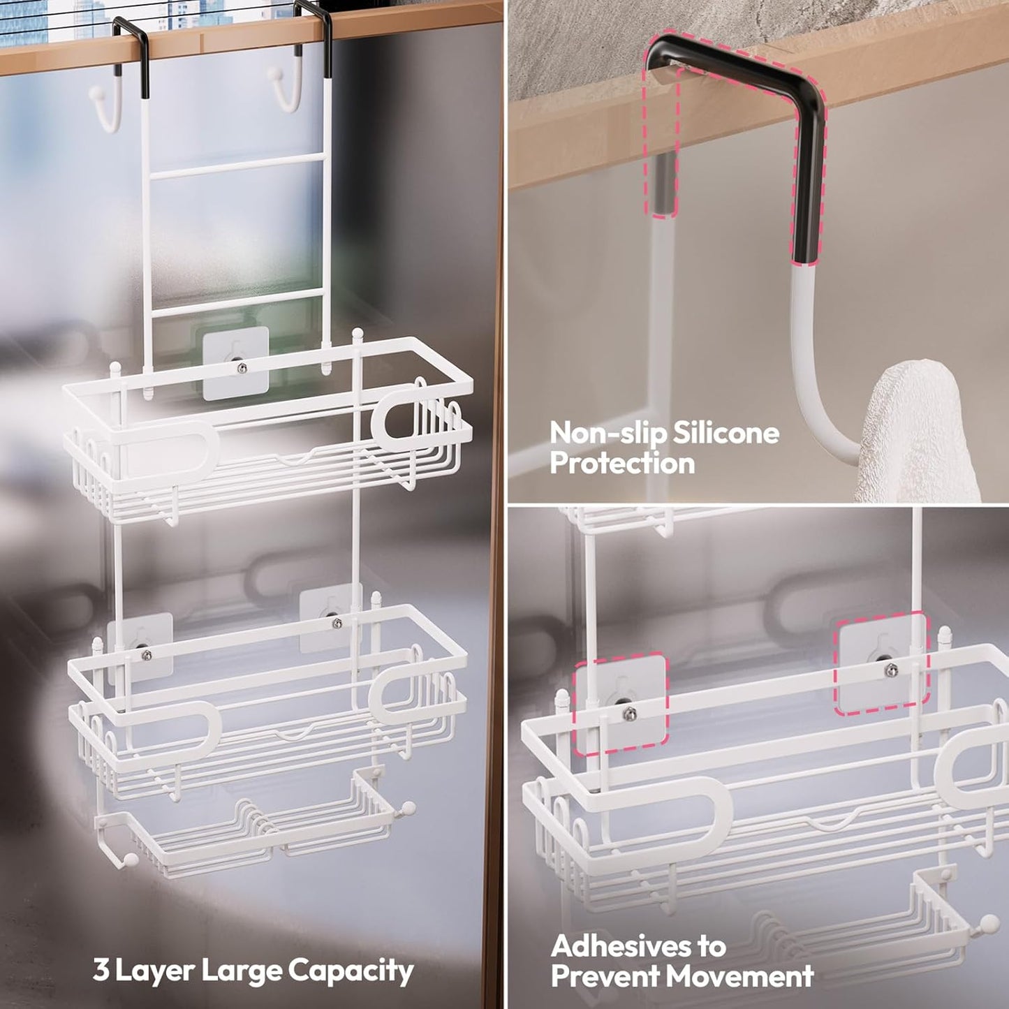 SWTYMIKI Over The Door Shower Caddy With Double Soap Holder, Hanging Shower Caddy With 16 Hooks, No Drilling Hanging Shower Organizer Over Door To Organize Bathroom Essentials, White