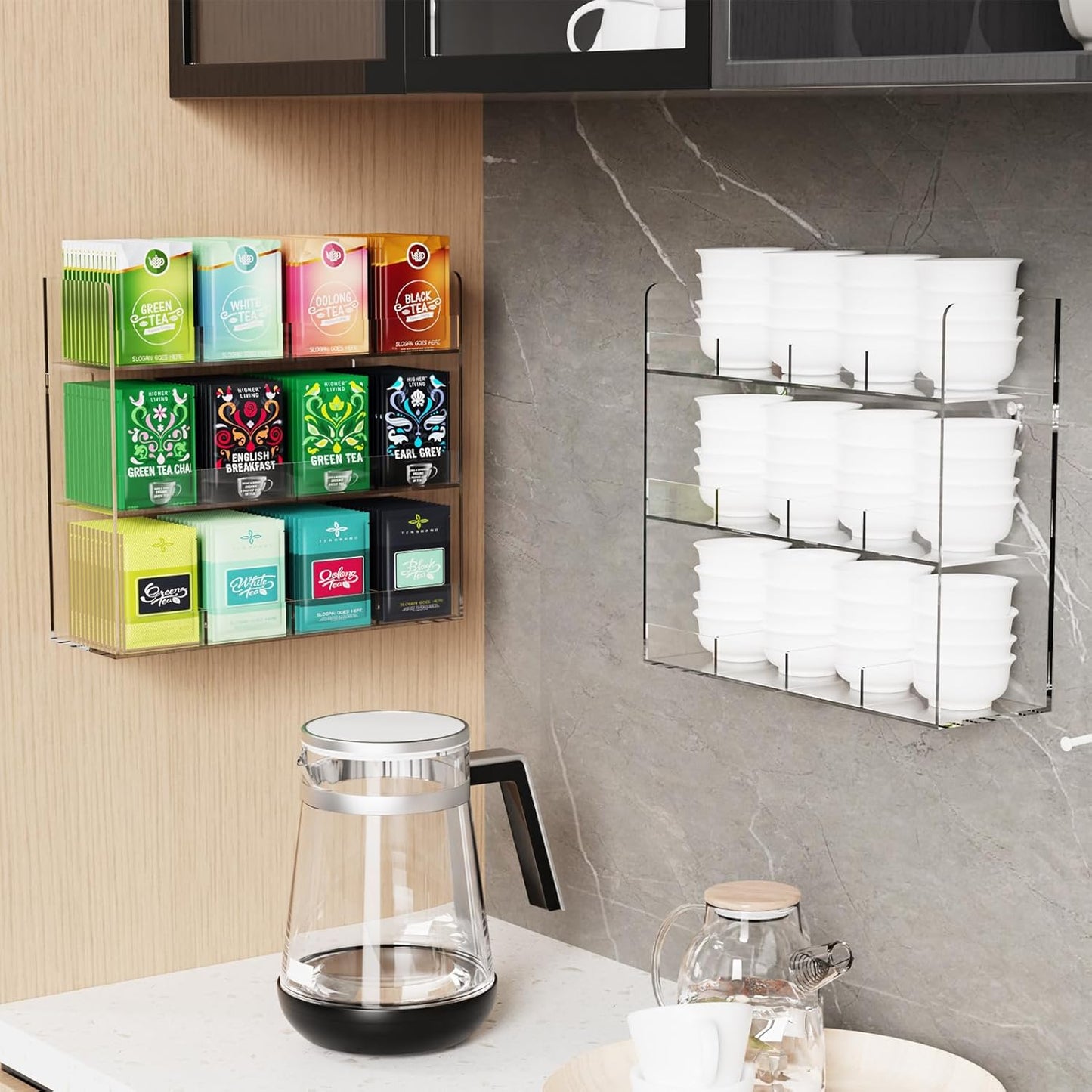 Acrylic Tea Bag Organizer, 3 Layers Tea Bag Holder for Tea Packets, No Assembly Required, Wall Mount Display Tea Caddy for Countertop or Cabinet, 12 Slots