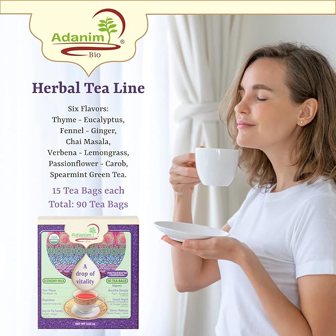 Adanim Bio Tea Sampler Gift Set Box, 6 Flavors Organic Herbal Tea Set, Total of 90 Tea Bags, Full of Aroma Scented Fragrance, Tea Lovers Gift Ideas For Christmas