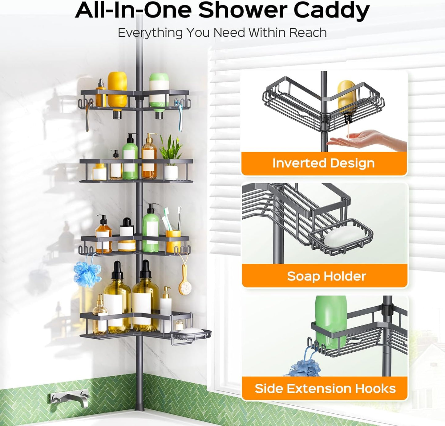 HAMITOR Corner Bathroom Shower Caddy: 4-Tier Rustproof Shampoo Organizer Shelf with Soap Holder - No-Drill Adjustable Standing Tension Pole Rack for Family Homeowners - Space-Saving - 47-123 Inch Gray