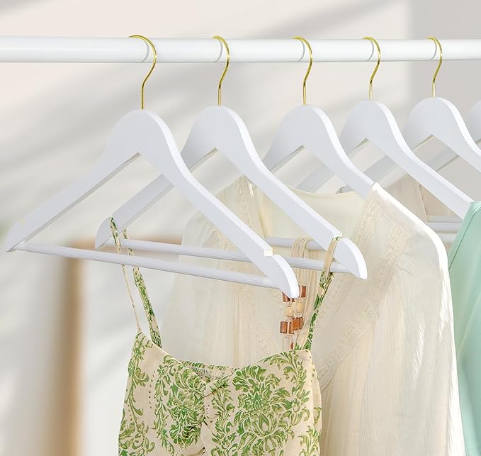 TOPIA HANGER Wooden Hangers 30 Pack, White Wood Coat Hanger with 360° Swivel Gold Hook, Non Slip Pants Bar and Shoulder Notches for Camisole, Jacket, Pants, Smooth Finish Clothes Hangers -CT34WG30