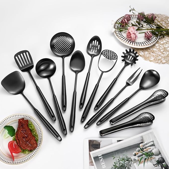 304 Stainlss Steel Matte Kitchen Utensils Set, 12 Pcs Long Metal Cooking Utensil Gadgets Tools Set with Spatula, Ladle, Spoon, Ladle, Skimmer, Tunner, Pasta Server, Tongs(Black, Dishwasher Safe)