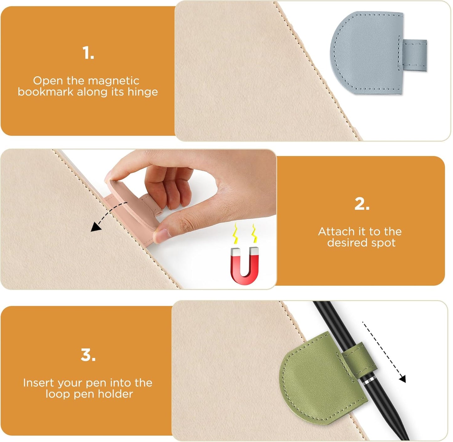 Magnetic Pen Loop Holder, Pencil Holder for Notebooks, Journals, Calendars, PU Leather 3 Pack