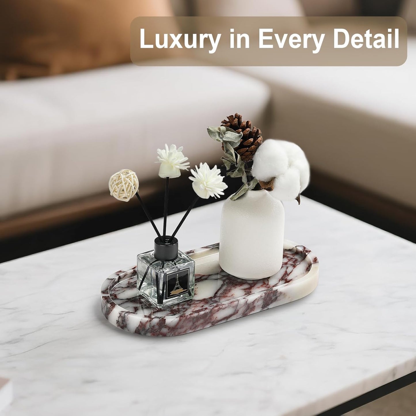 Natural Marble Vanity Tray - Moujings Genuine Marble Perfume Tray for Bathroom Decor, Stone Bathroom Vanity Organizer Tray for Kitchen Counter, Candles, Jewelry, Coffee, Makeup, Key
