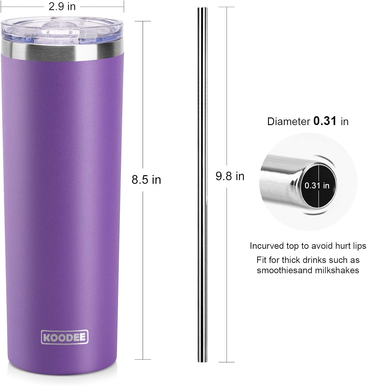koodee 20 oz Skinny Tumbler (2 Pack) Stainless Steel Double Wall Insulated Water Tumbler Cup with Straw, Slim Travel Tumbler for Women Diy Birthday Gift (Purple-Pink)