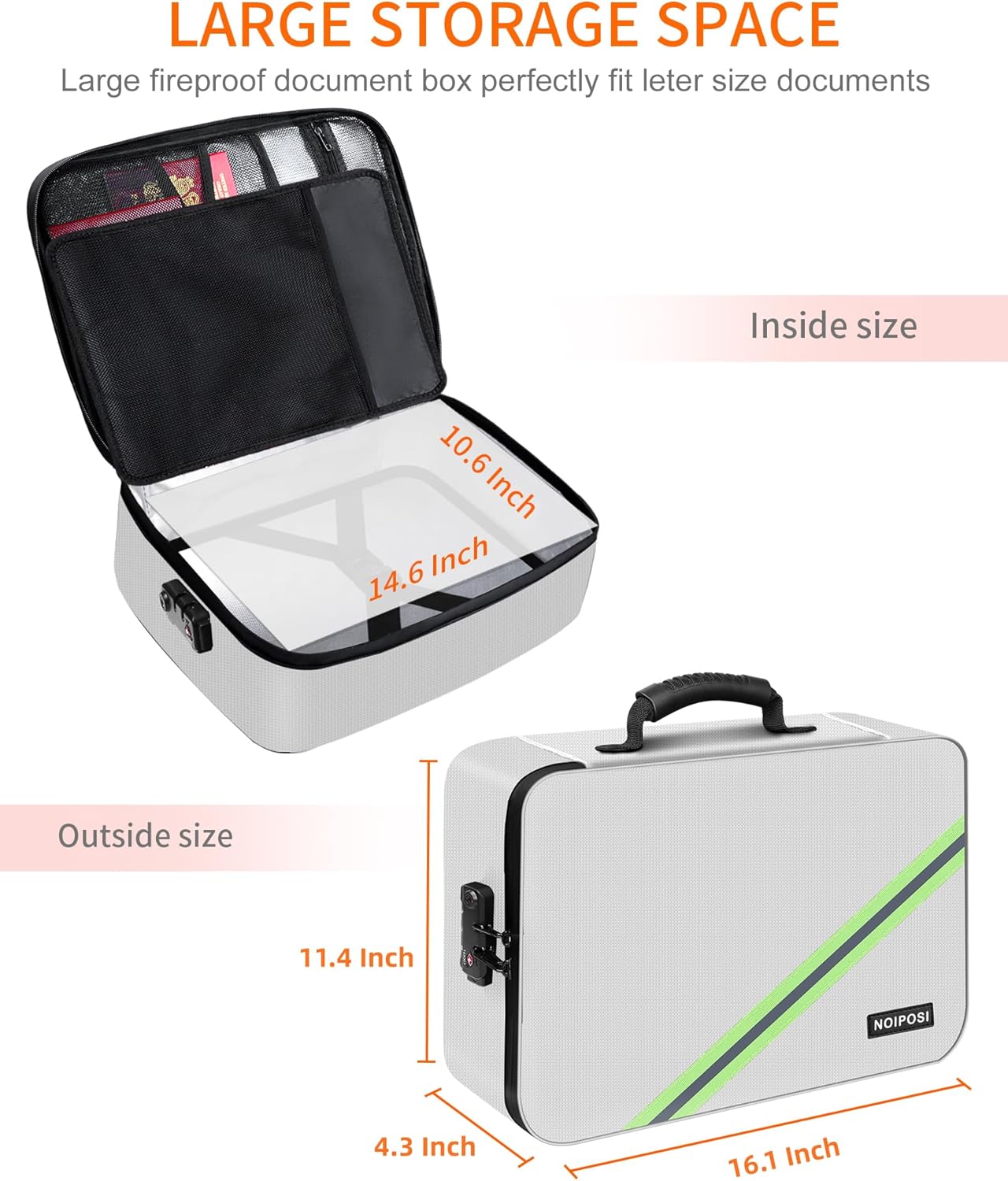 Noiposi Document Organizer with Lock,16.1"x11.4"x4.3" Waterproof and Fireproof Document Box,Portable Home Travel Safe Storage Box for Important Documents,File and Birth Certificate,Silver