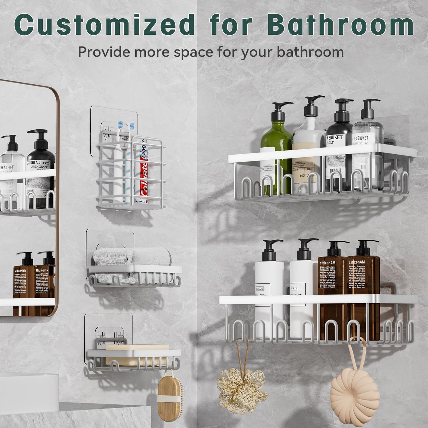 Shower Caddy Organizer Rack Shelf with Soap and Toothbrush Holder,Stainless Steel Organizer for Bathroom Organizers and Storage, No Drilling Wall Mounted Rack Bathroom Caddy White,5-Pack