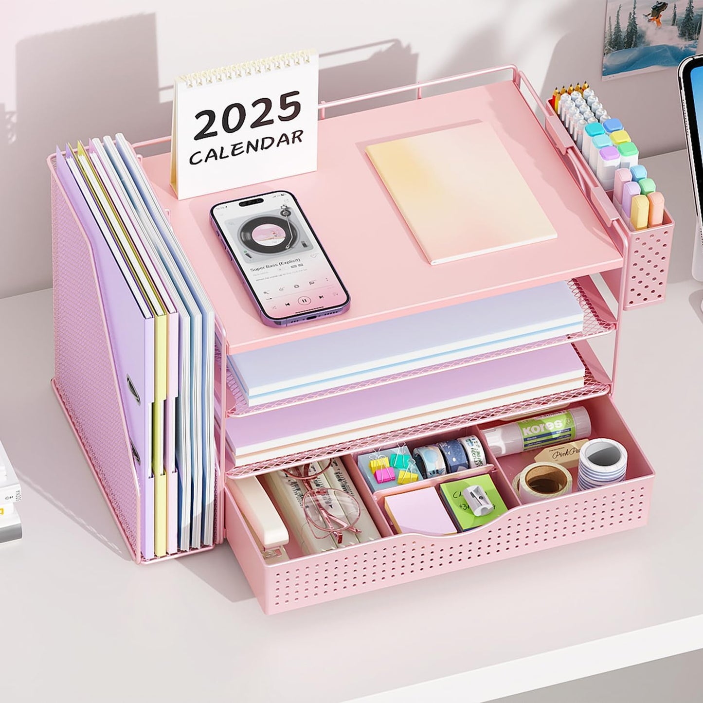 gianotter Wood Desk Organizers and Accessories with File Holder, 4-Tier Desk Accessories & Workspace Organizers with Drawer and Pen Holder, Paper Organizer for Office Supplies (Pink)