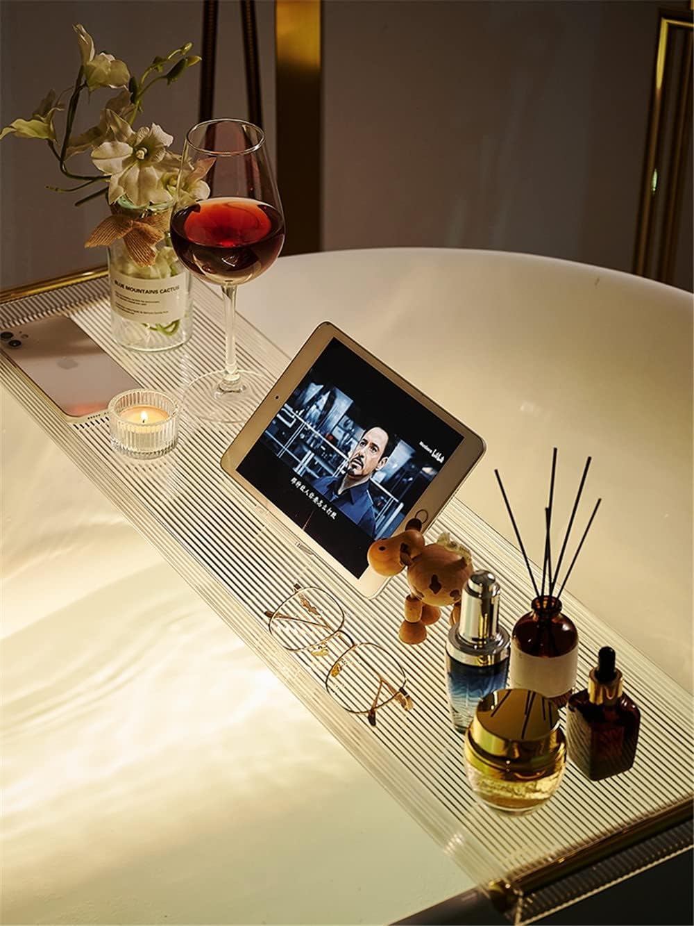 WANLIAN 33-Inch Luxury Bathtub Caddy Tray for Bathroom - Shower Storage Organizer Shelf Accessories (Gold-A)