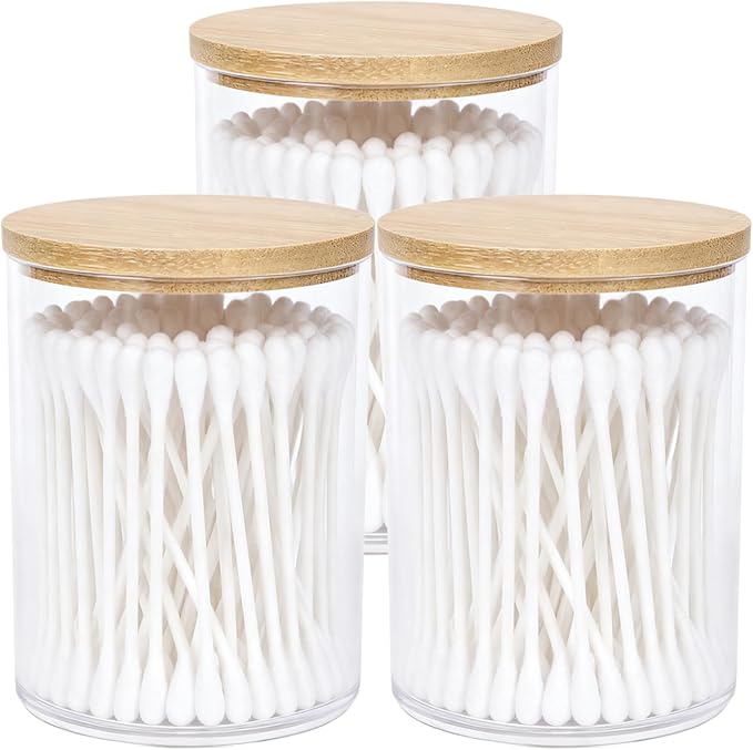 AXX Qtip Dispenser Apothecary Jars Bathroom - Qtip Holder Storage Canister Clear Plastic Jar for Cotton Swab,Q-Tips,Cotton Rounds (H#Bamboo 3Pcs)
