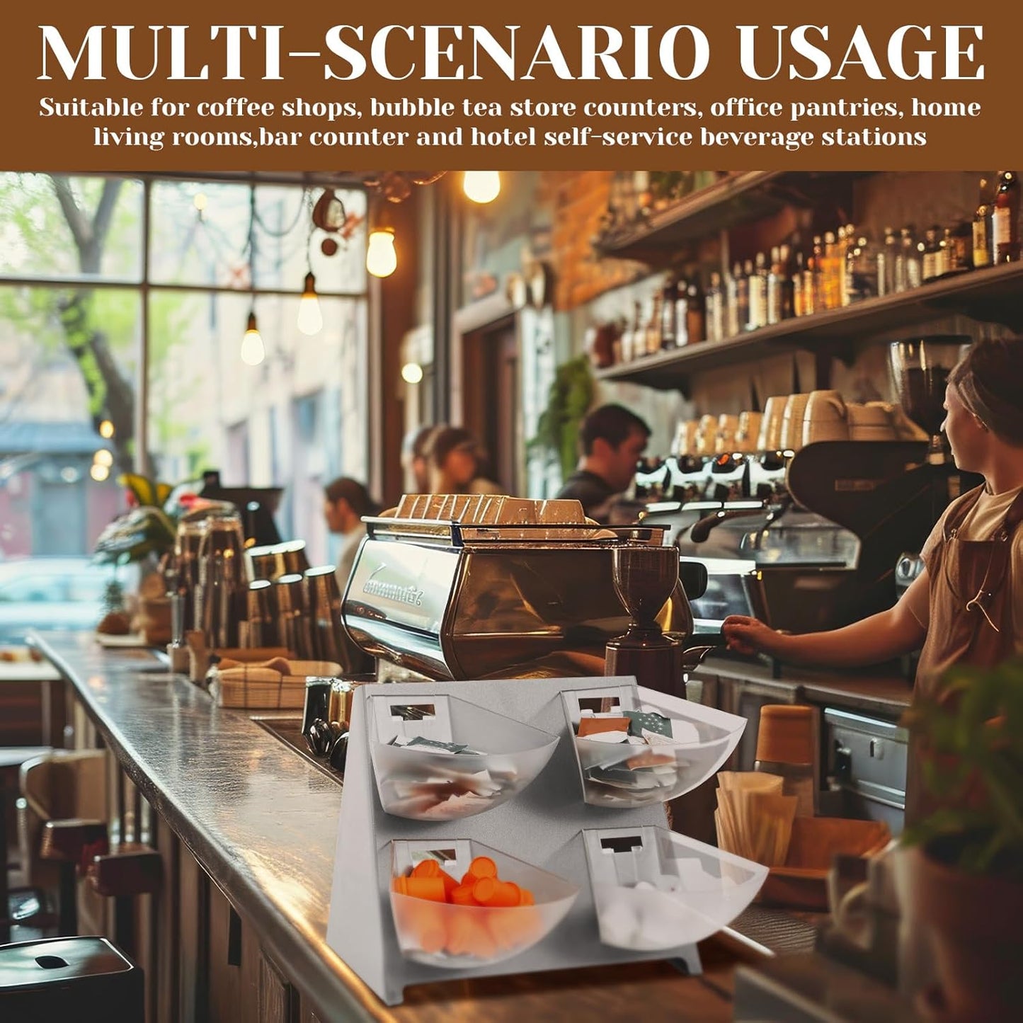 15.5 x 10 x 10.5 Inch Coffee Accessory Caddy with 4 Removable Compartments Steel Condiment Organizer Condiment Packet Sugar Holder for Bar Countertop Break Room Home Kitchen (Silver)