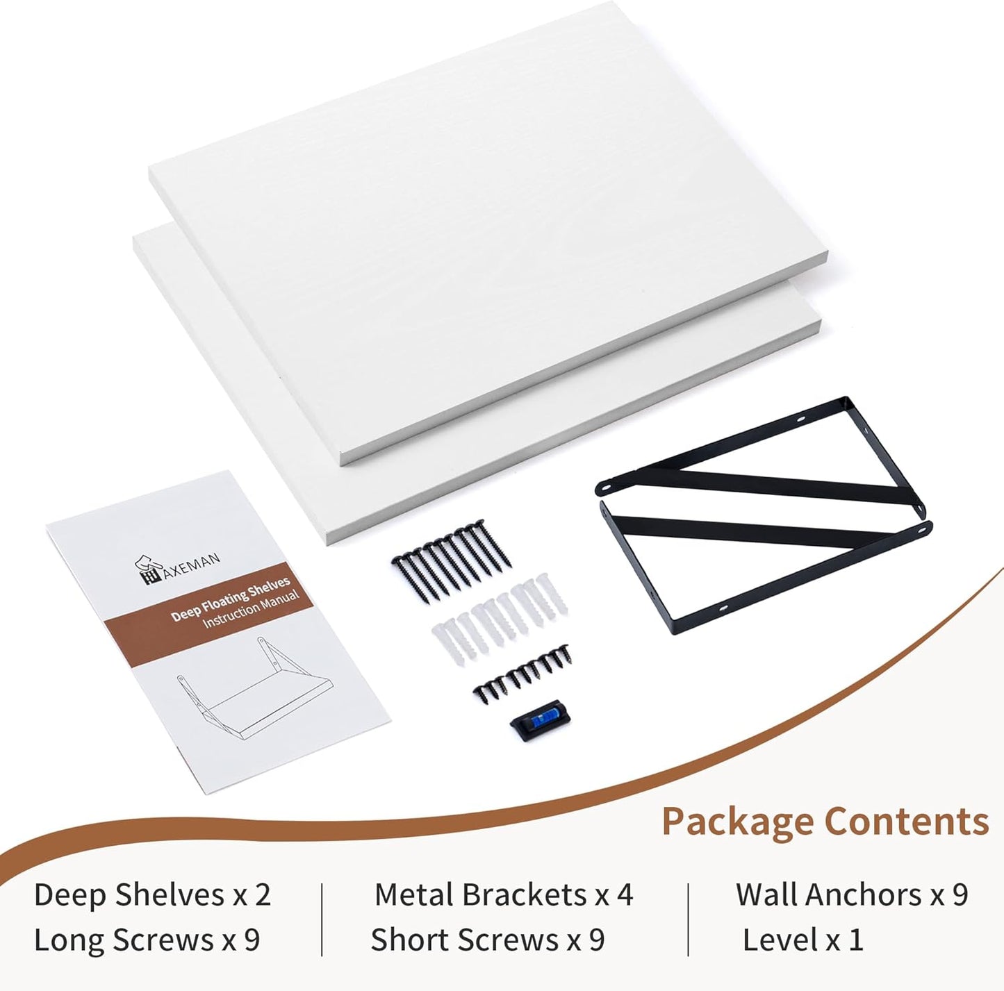 Axeman Deep Floating Shelves Set of 2, 16W x 12D, Modern Style, Wall Mounted, White, Heavy Duty, 40 lbs Weight Capacity