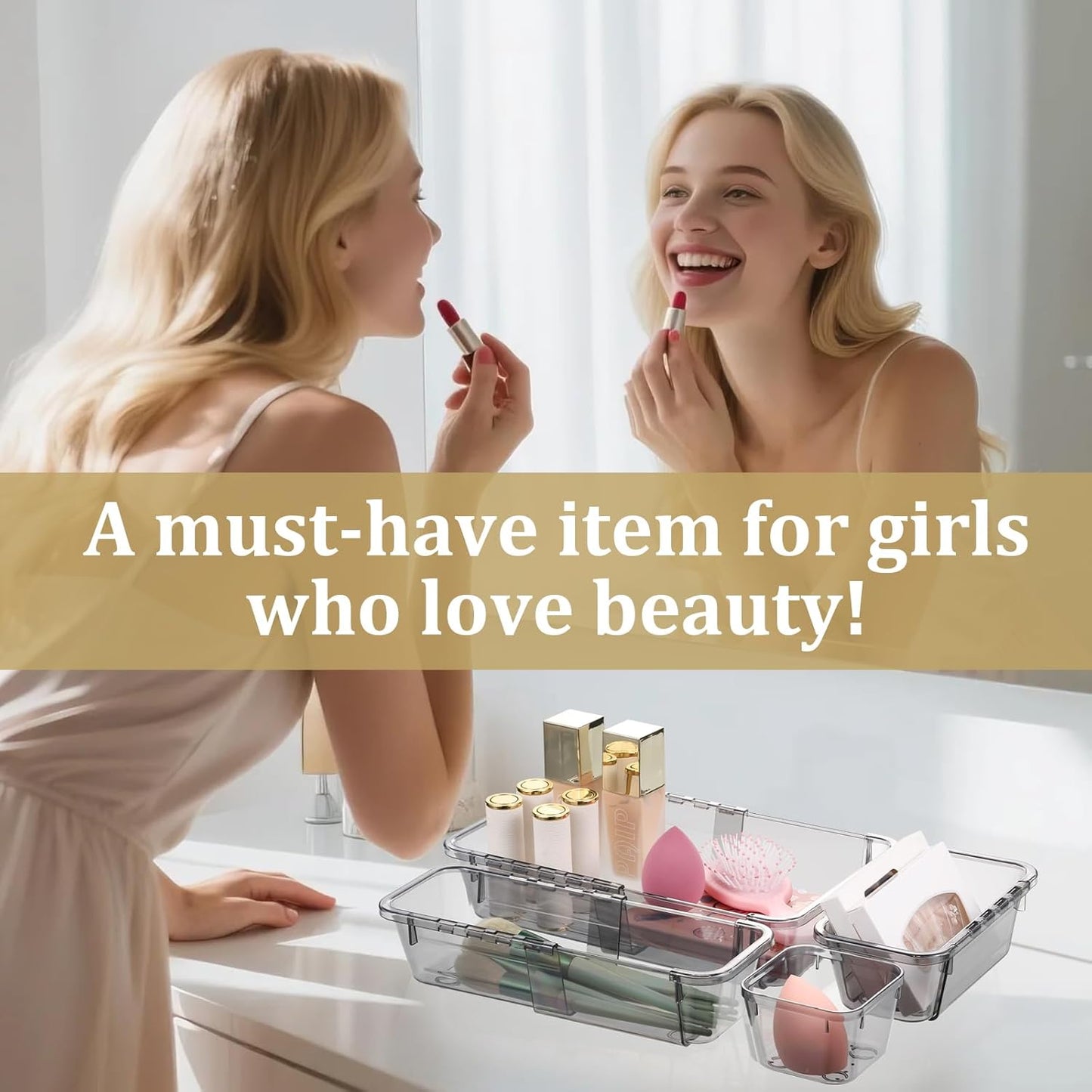 14 Pcs Adjustable Clear Drawer Organizer, Extendable Vanity Storage Bins, Desk Drawer Organizer Set for Makeup, Cosmetics, Bedroom, and Gadgets, Black