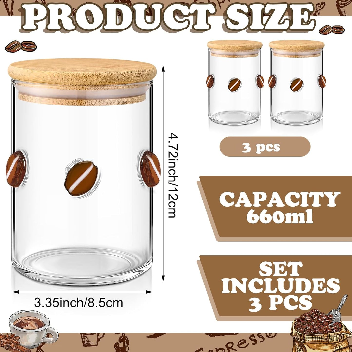 3 Pcs Coffee Glass Storage Jars with Airtight Bamboo Lid Coffee Bean Class Containers Storage Canisters for Serving Bath Salt, Sugar, Spice, Tea, Cereals, Condiment