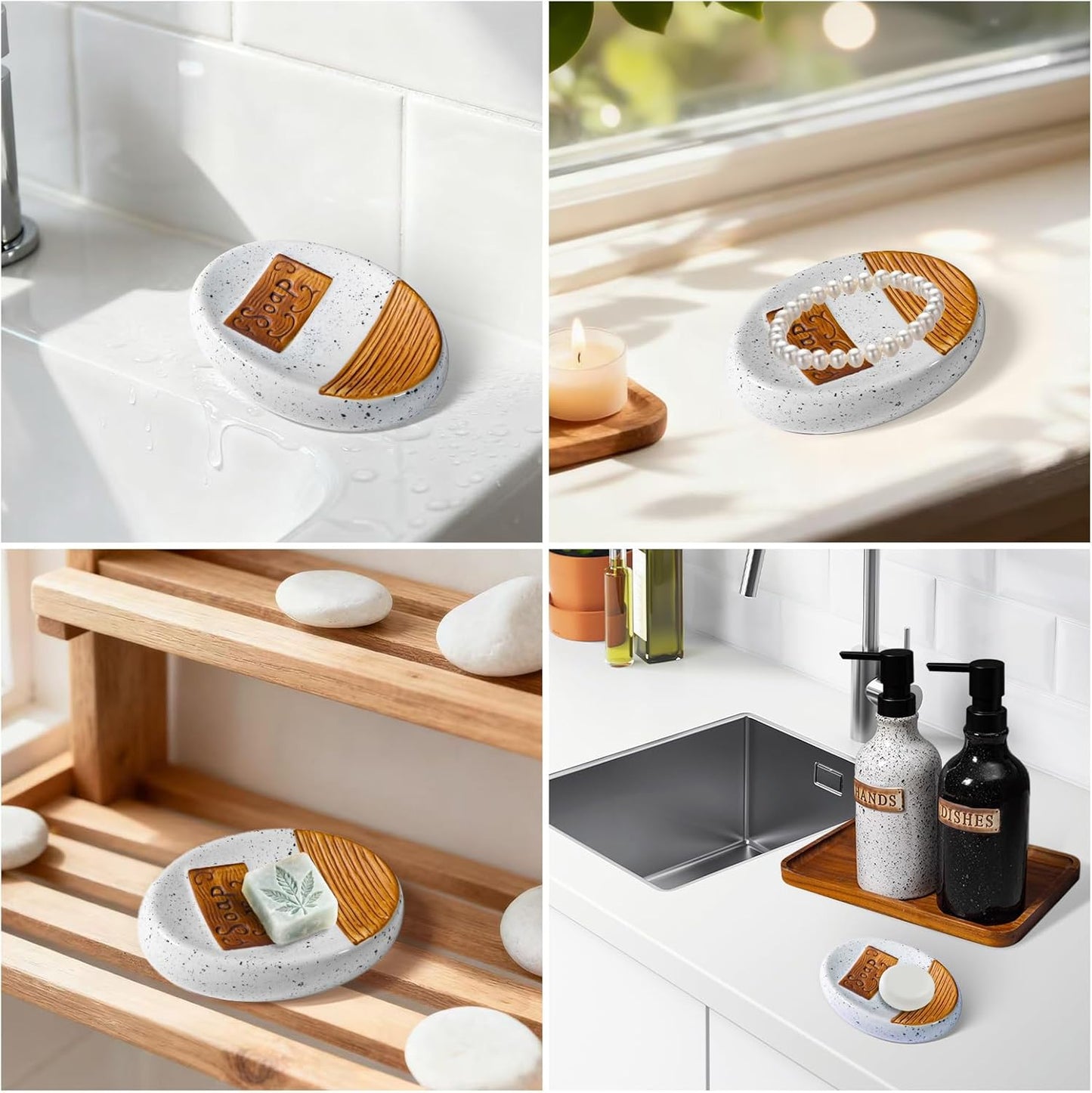 2 Pack Ceramic Soap Dish for Shower, Soap Holder for Bar Shampoo Soap Tray Container for Bathroom Kitchen Sink Decorative Sponge Saver Small Farmhouse Kitchen Home Decor