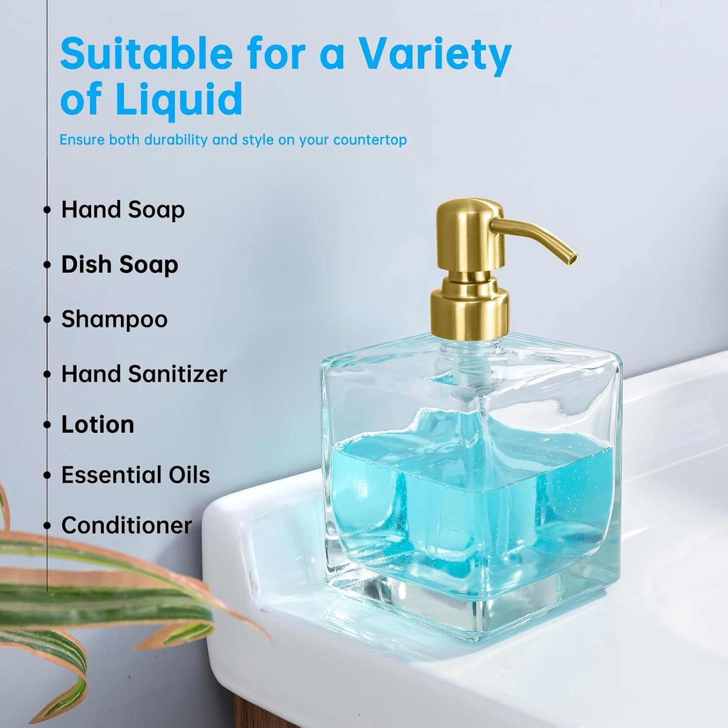 Square Bathroom Soap Dispenser Brushed Gold, 16 oz Glass Bottles with Stainless Steel Pump Retangle Cube Liquid Large Capacity Soap Dispenser Kitchen