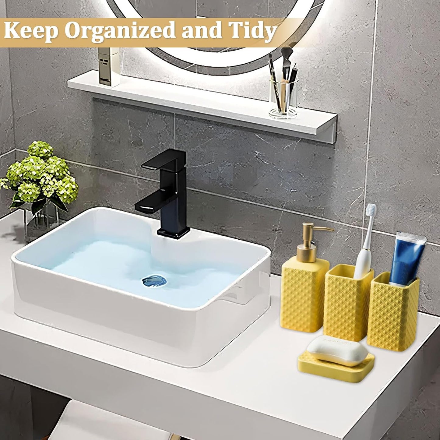 Bathroom Accessories Set Ceramic Soap Dispenser Toothbrush Holder Bathroom Tumbler Soap Dish Bathroom Decor Vibrant Modern Bathroom Set (Yellow 4-Piece Suit)