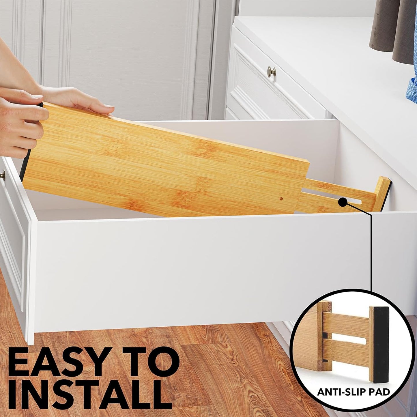 SpaceAid Bamboo 4 Pack Dresser Drawer Dividers, 4.65“ High Adjustable 17“-22” Drawer Organizers, Expandable Organization for Clothing, Clothes, Dressers, Natural