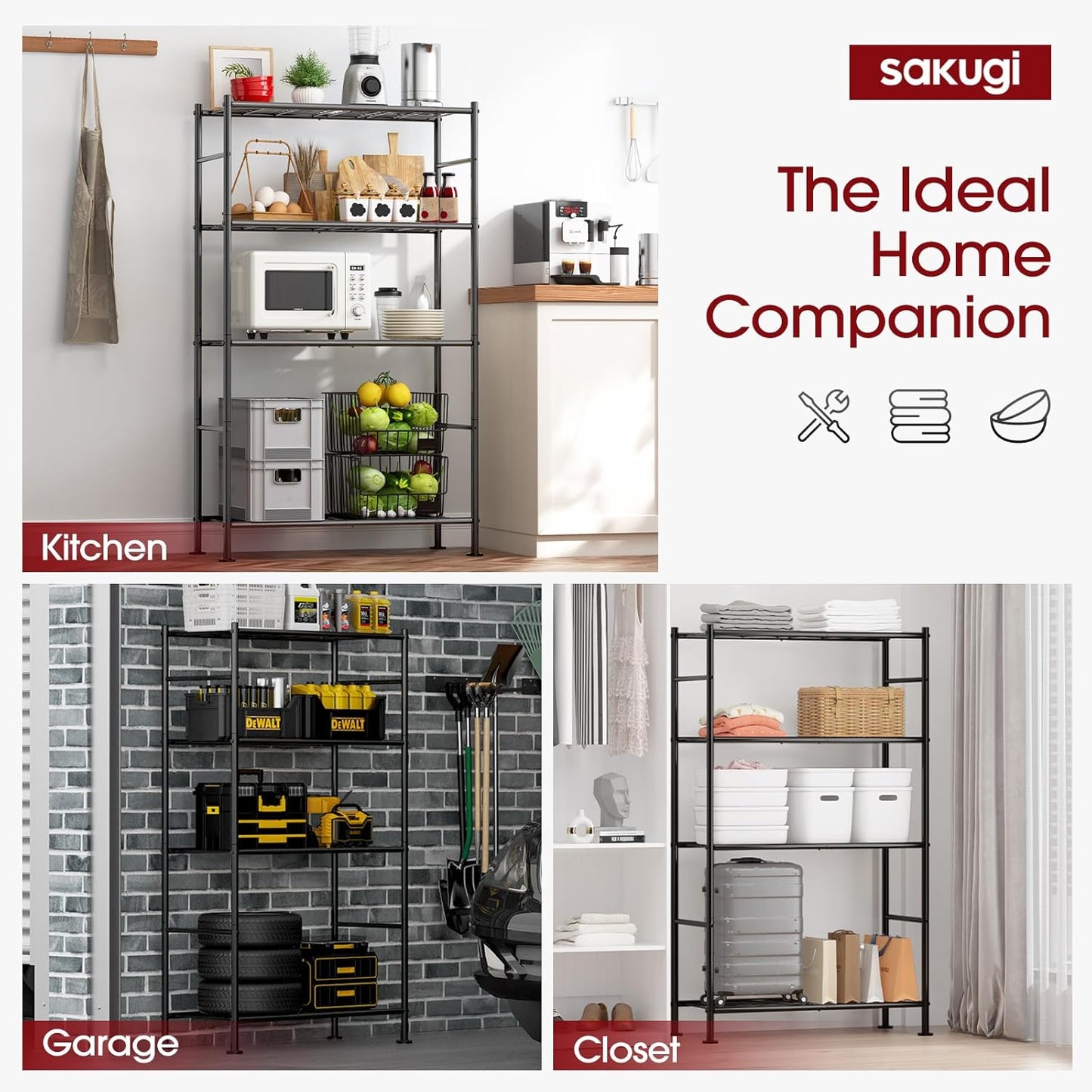 Storage Shelves - 4 Tier Shelf Organizer, Heavy Duty Garage Shelving Unit with Leveling Feet, Stable Metal Shelves Organizer for Pantry, Kitchen and Closet, 33.0" W x 12.6" D x 57.2" H, Black