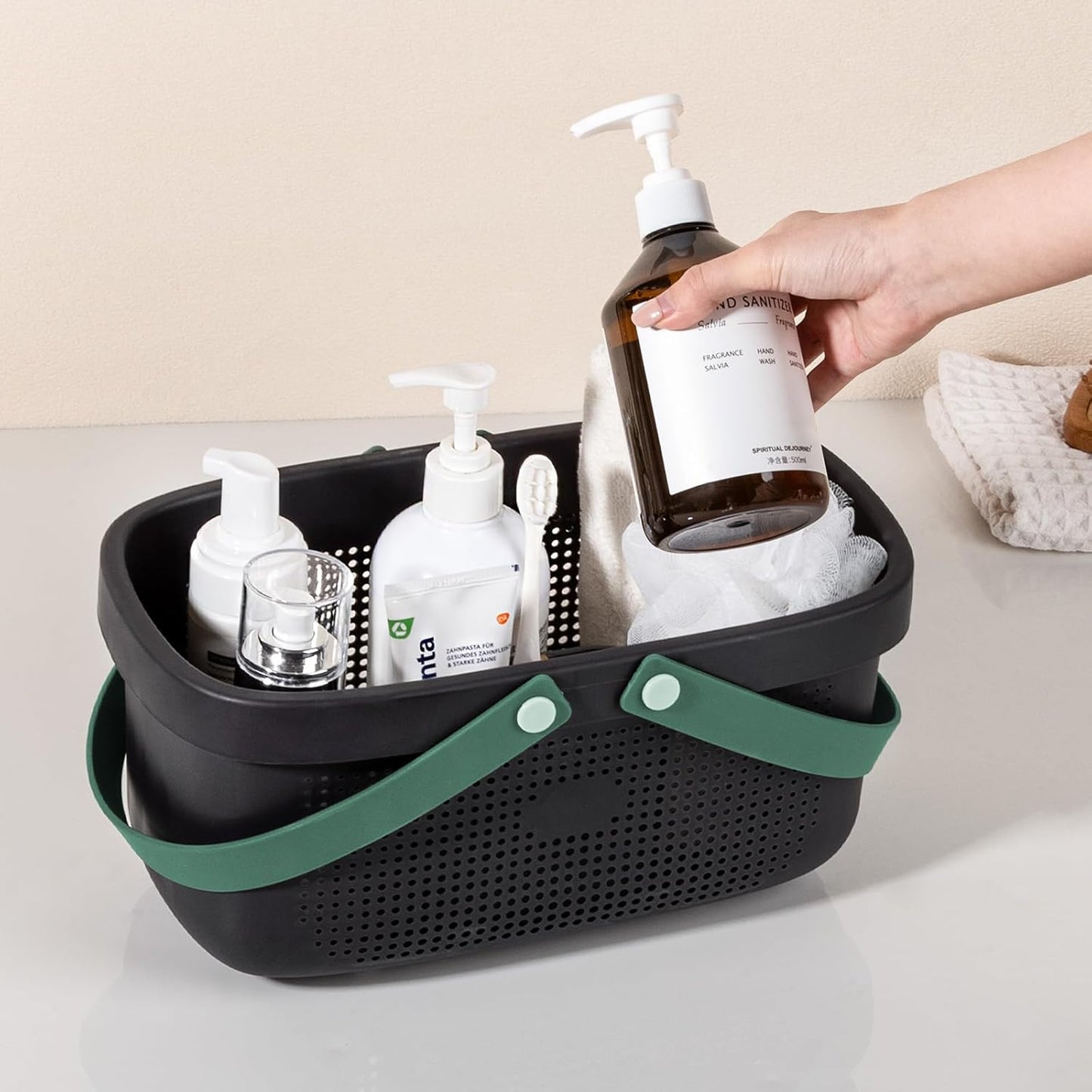 JiatuA Plastic Storage Basket with Handle Portable Shower Caddy Tote Organizer Basket Bin for Bathroom Kitchen Dorm Room Bedroom, Black Green