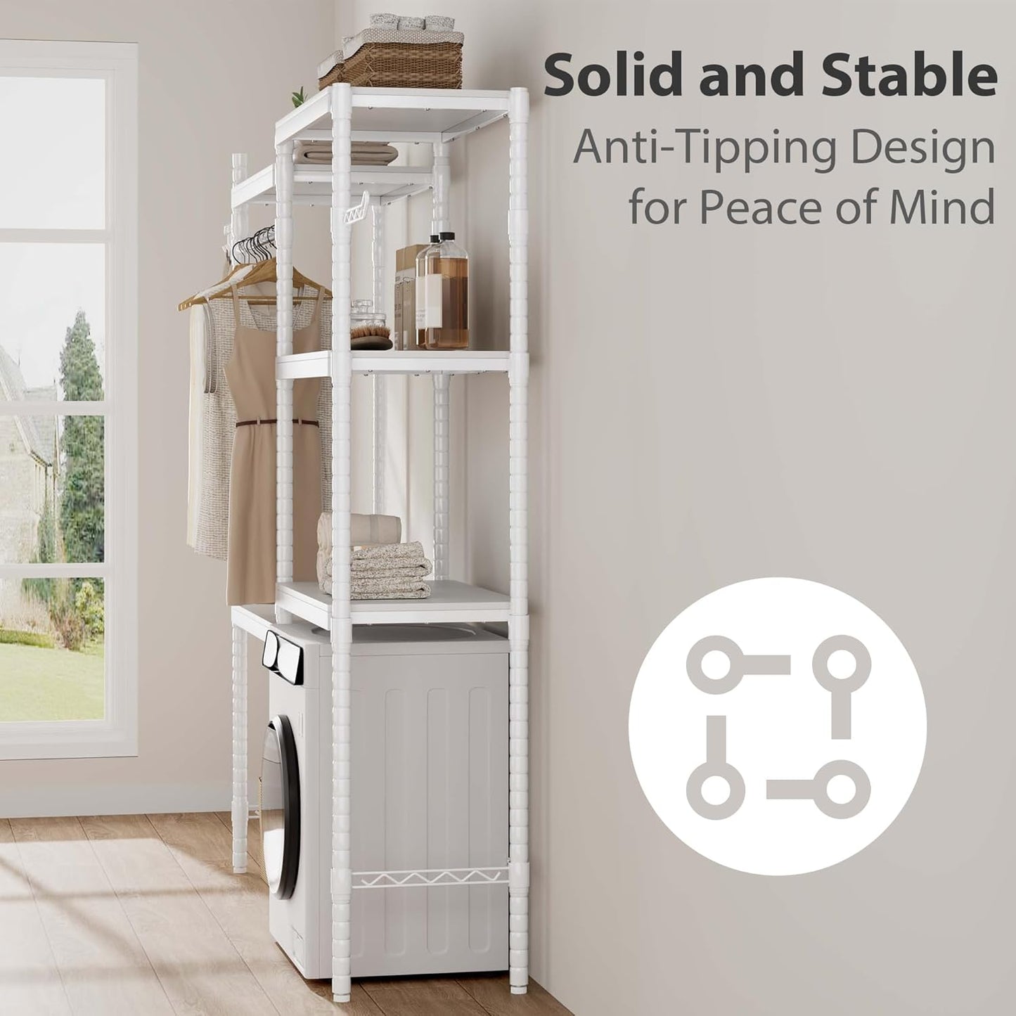 Garvee 30 in 5-Tier Over-The-Washer Shelf – Adjustable Height Laundry Organizer with Double-Layer Wood Shelves (100 LB Capacity), Space-Saving Storage for Bathroom, Laundry Room, Balcony (White)