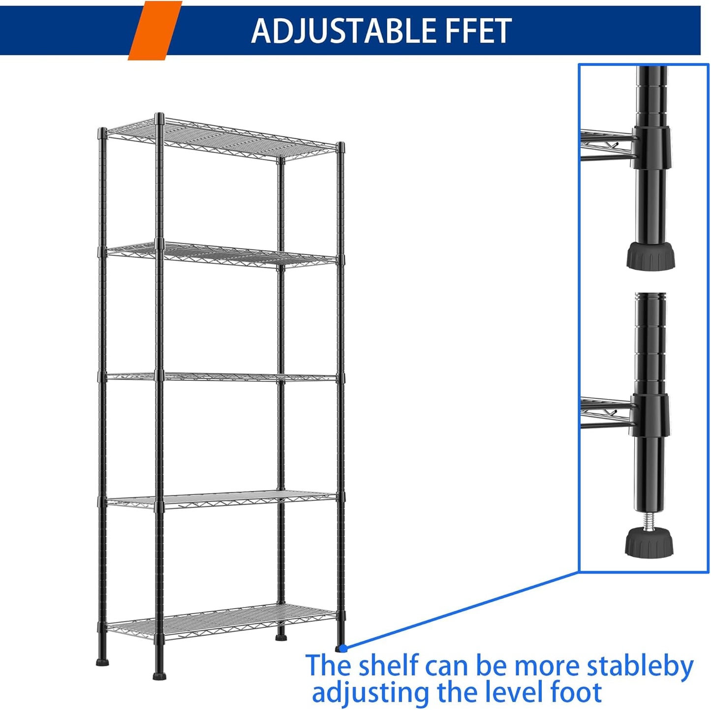 REGILLER 5-Wire Shelving Metal Storage Rack Adjustable Shelves,Standing Storage Shelf Units for Laundry Bathroom Kitchen Pantry Closet(Black,14.1" D x 30" W x 79" H)