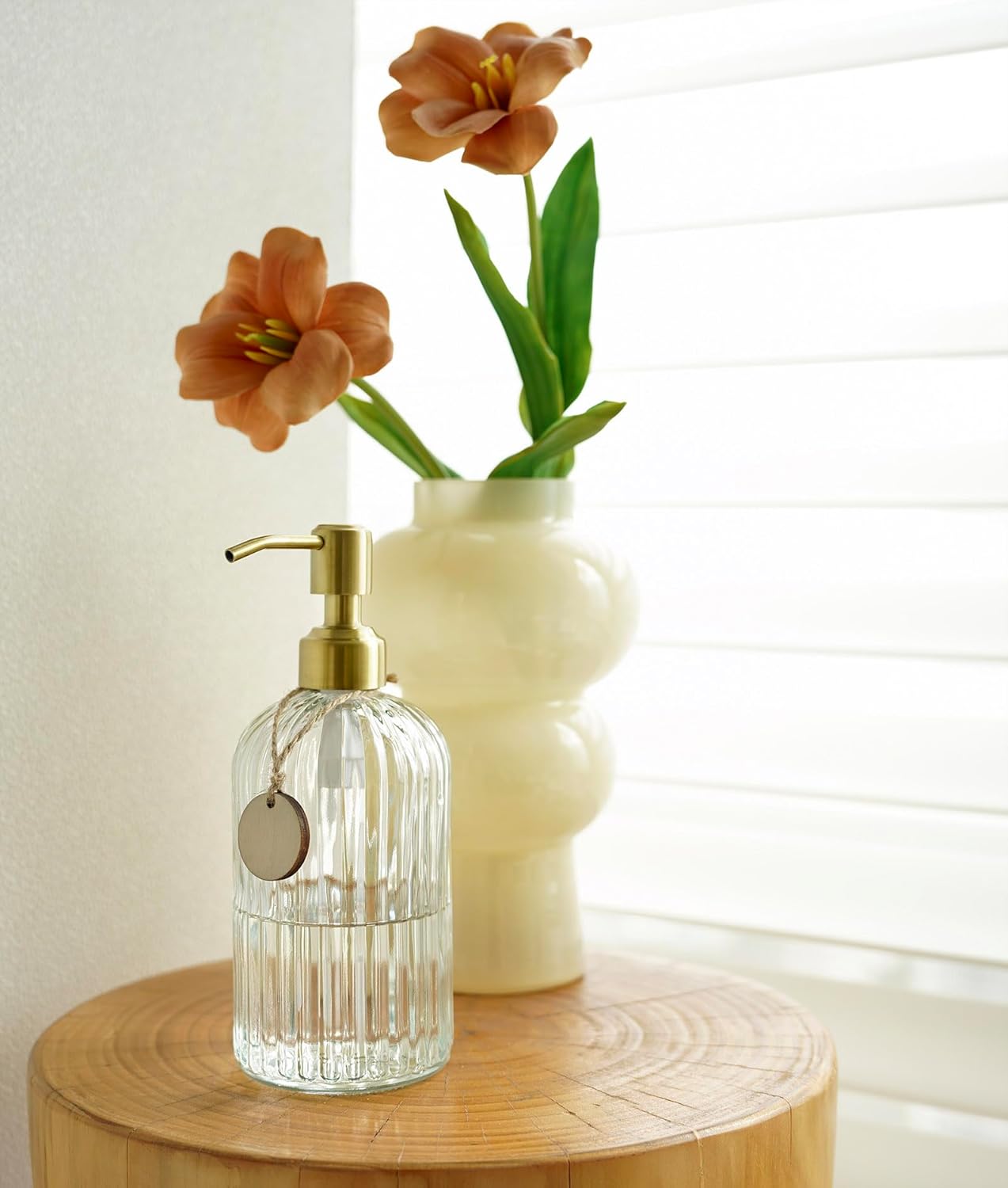 JASAI 2PACK 18Oz Fluted Glass Soap Dispenser with Golden Rust Proof Pump, Refillable Kitchen soap Dispenser with Vertical Stripe, Bathroom Soap Dispenser for Dispense Hand soap, Dish Soap, Lotion.