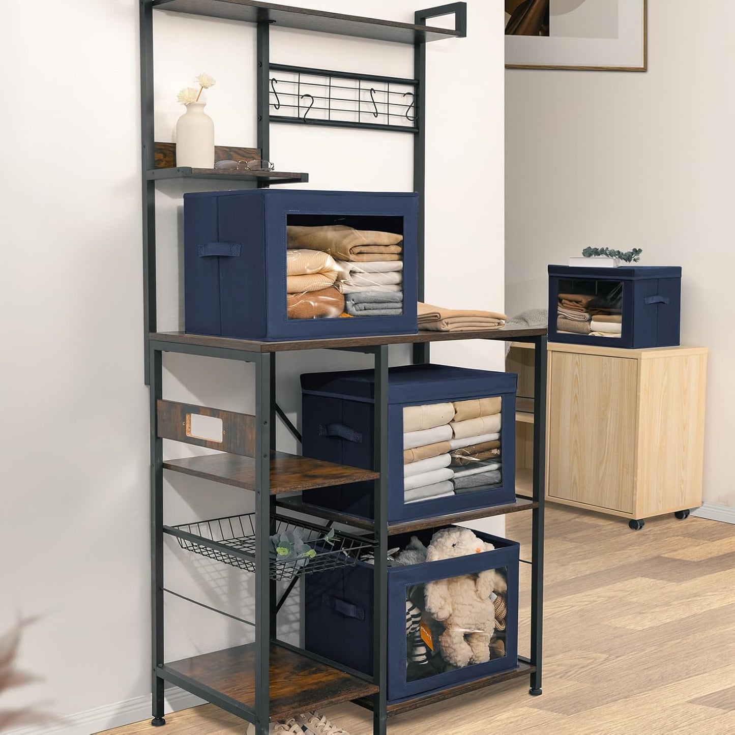 Stackable Storage Bins with Lids - Large Storage Box with Lids, Foldable Closet Boxes for Organizing, Wardrobe Clothes Organizer with Window, Cubes Bins for Living Room, 3 Pack, Navy Blue