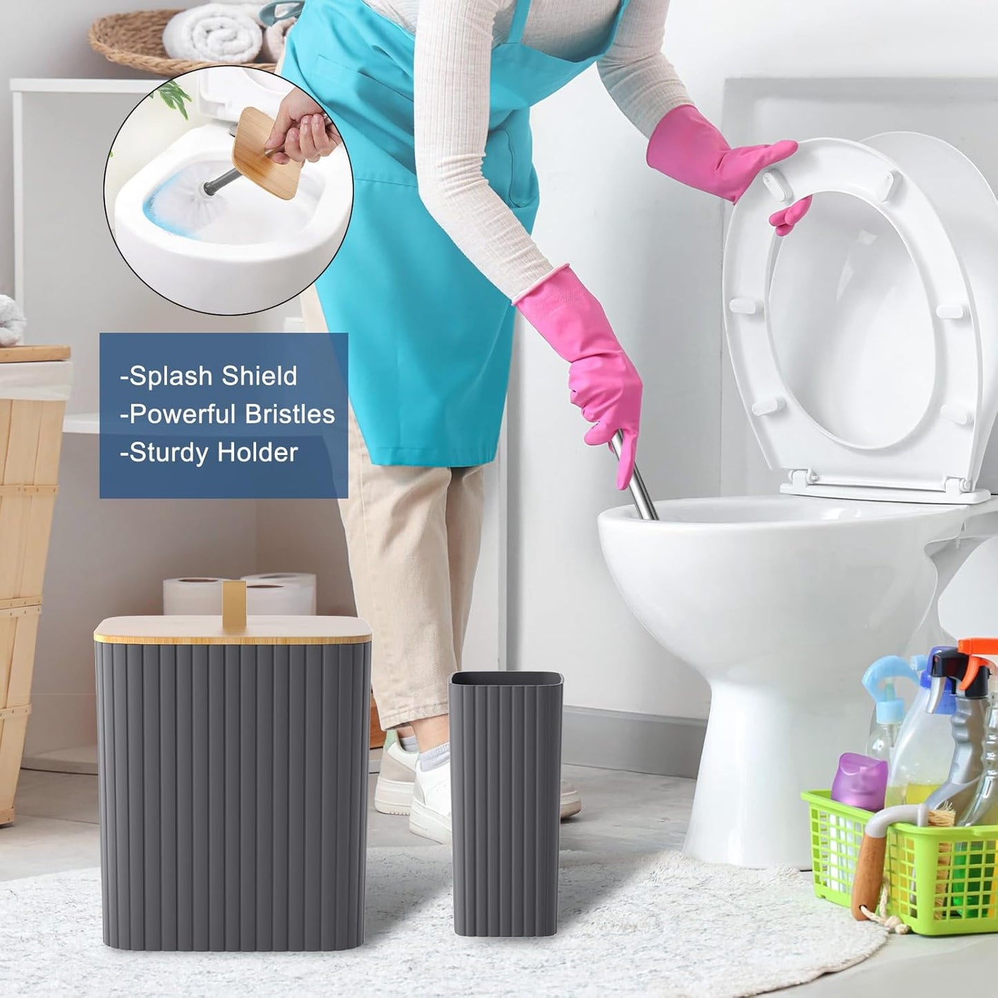 Bathroom Accessories Set - 24PCS Bathroom Set with Shower Curtain and Rugs, Trash Can, Toilet Brush Holder Set & Soap Dispenser – Stylish & Functional Bath Decor for Home, Apartment, Grey