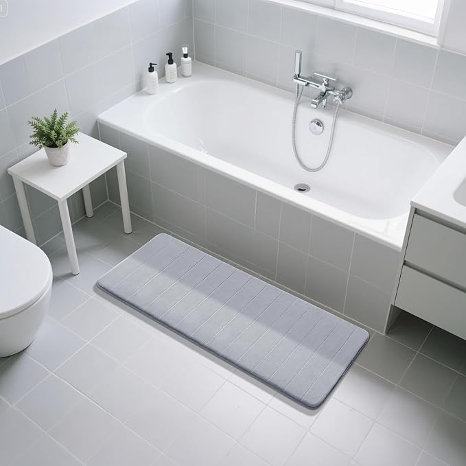 Yimobra Bathroom Runner 55"x24", Non Slip Memory Foam Bath Mat, Super Soft Water Absorbent Hallway Carpet, Machine Washable Rug for Vanity Tub Shower, Silver