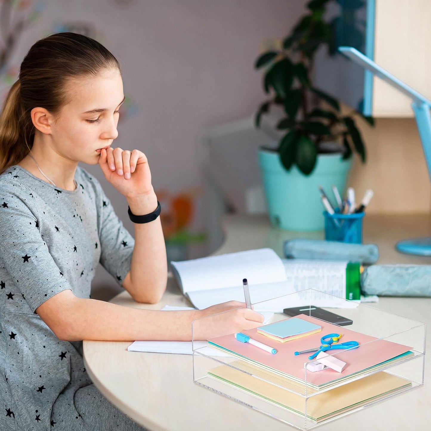 Yulejo 2 Pcs 12.4 x 12.4 x 2.36" Acrylic Desk Organizers Accessories Paper Storage Tier File Office Organizer Tray Stackable Document Clear Desk Accessories for Office Workspace Organization