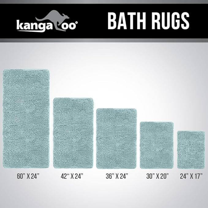 KANGAROO Bathroom Rugs, Chenille Soft Absorbent Bath Rug, Shaggy Shower Mat, Quick Dry Machine Wash Bathmat, Plush Carpet Mats for Tub, Bathtub and Room Home Decor Accessories, 42x24, Seafoam