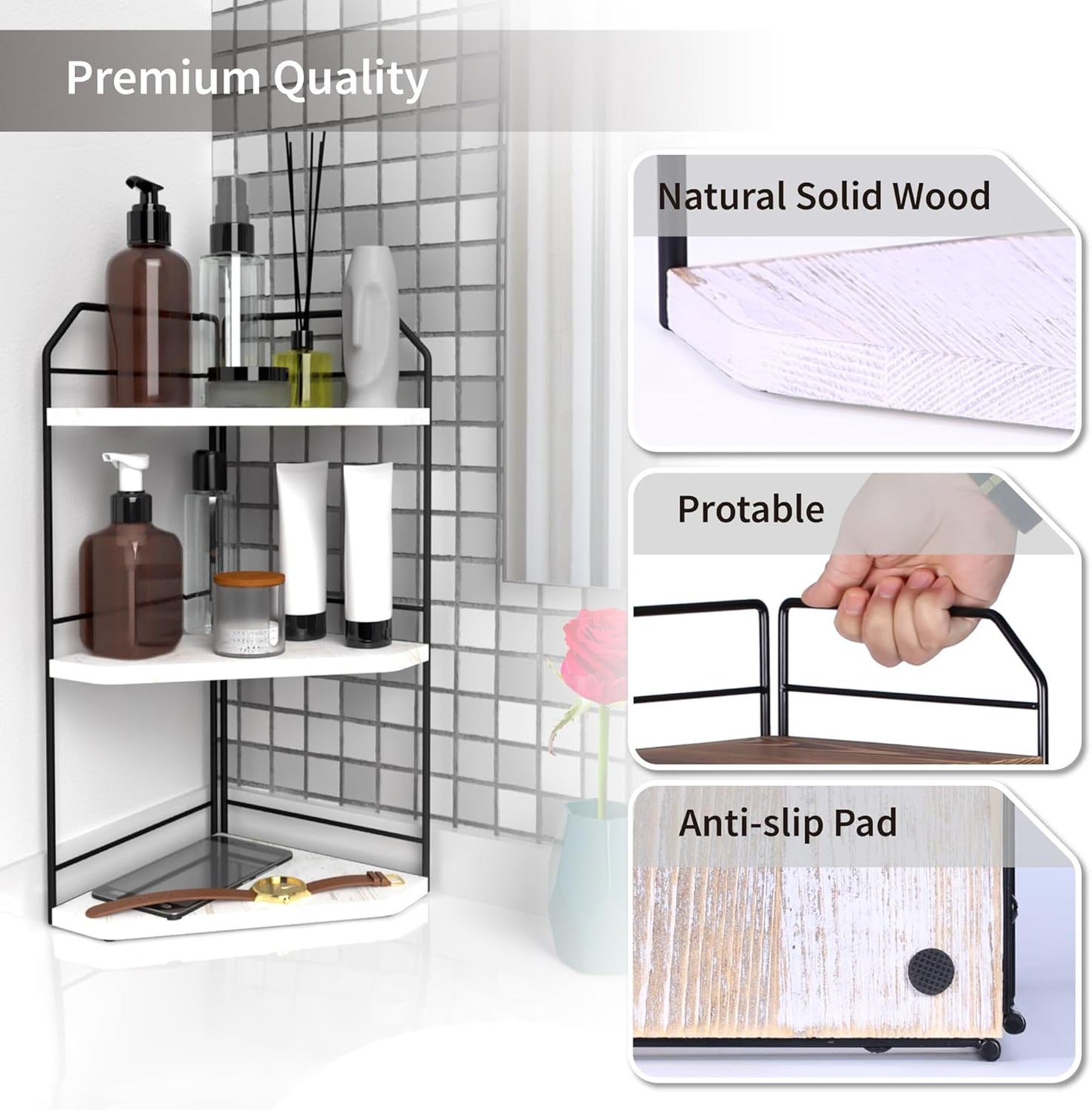 Corner Bathroom Counter Organizer - 3 Tier Wood Vanity Counter Shelf Perfume Skincare Holder, Countertop Corner Shelf Organizer for Bathroom, Kitchen, Rustic White