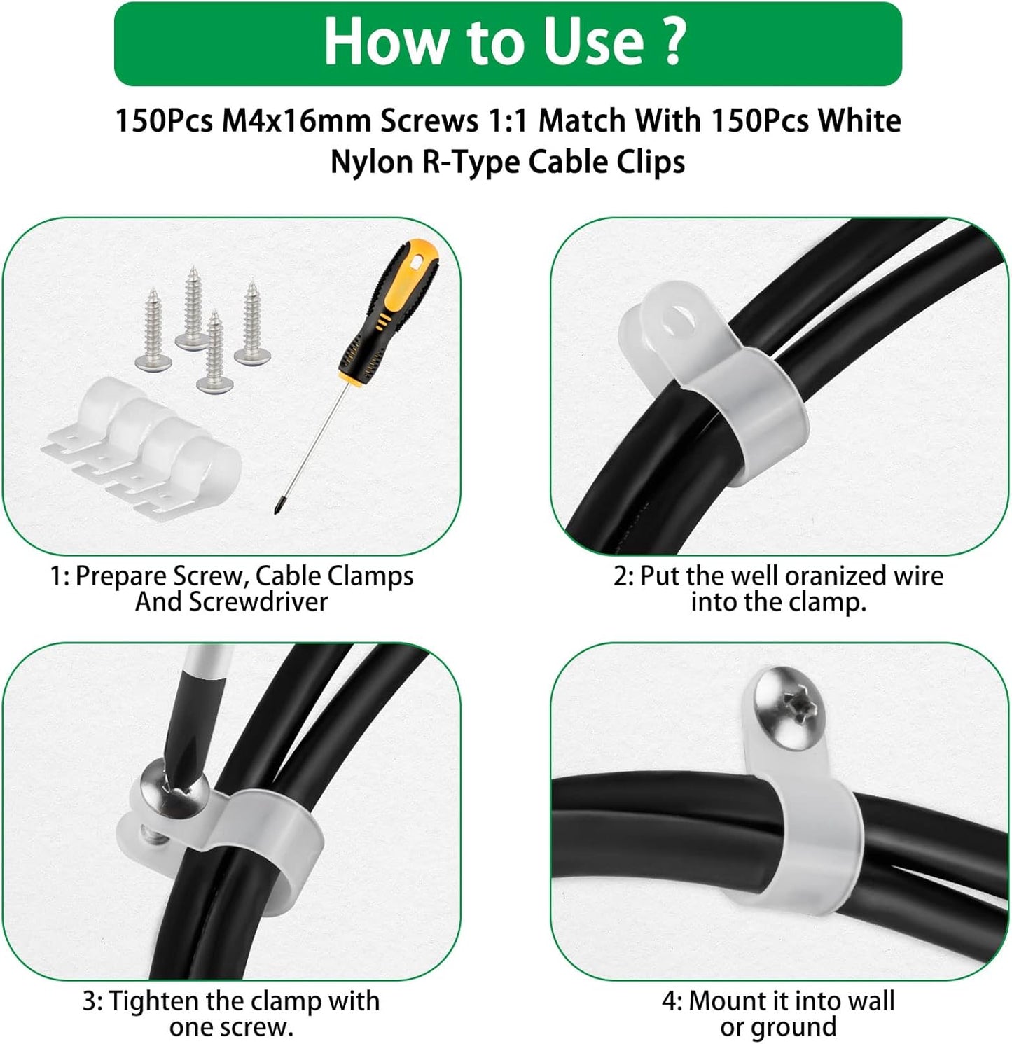 300PCS White Cable Clamps Assortment Kit, Nylon Plastic R-Type 6 Sizes 3/16'' 1/4'' 3/8'' 1/2'' 3/4'' 1'' Cable Mounting Wire Clips Fastener with M4 Screws for Wire Management