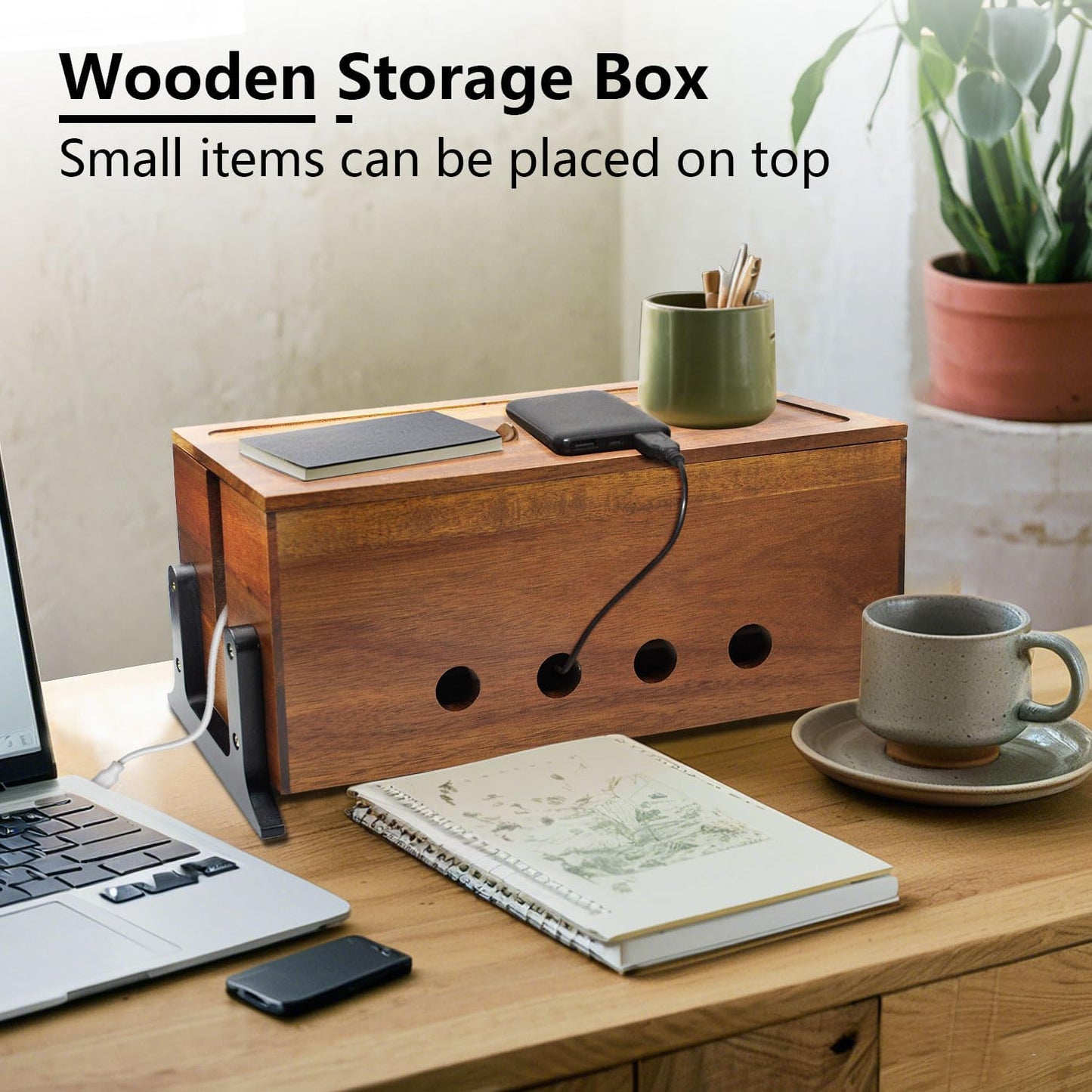 Large Cable Management Box, Wood Cord Hider Box & Organizer for Power Strip Hider Cable Storage for Office, TV Wires, Desk Cord Organizer, 14.1" x 6" x 6.3", Vintage Walnut