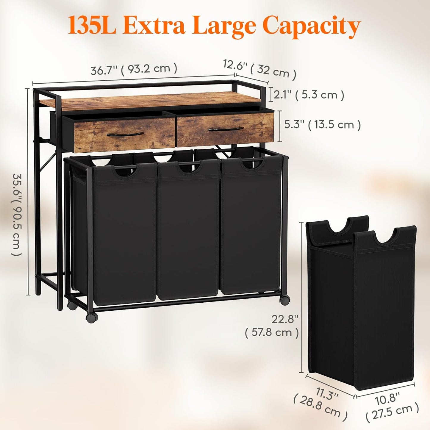 Lifewit Laundry hamper 3 Section, Large Rolling Laundry Sorter with Shelf & 2 Drawers, Pull-Out Laundry Basket Organizer with Wheels and Removable Bag for Laundry Room Bathroom, Rustic Brown and Black