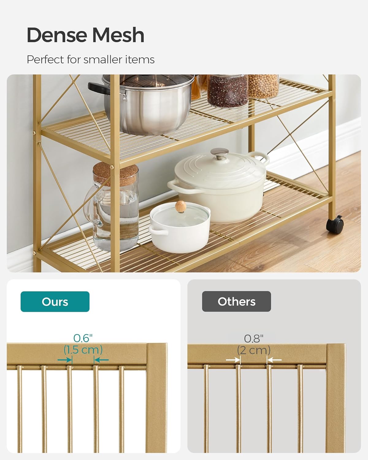 SONGMICS 3-Tier Metal Storage Rack with Wheels, Mesh Shelving Unit with X Side Frames, 31.5-Inch Width, for Entryway, Kitchen, Living Room, Bathroom, Industrial Style, Metallic Gold UBSC183A01