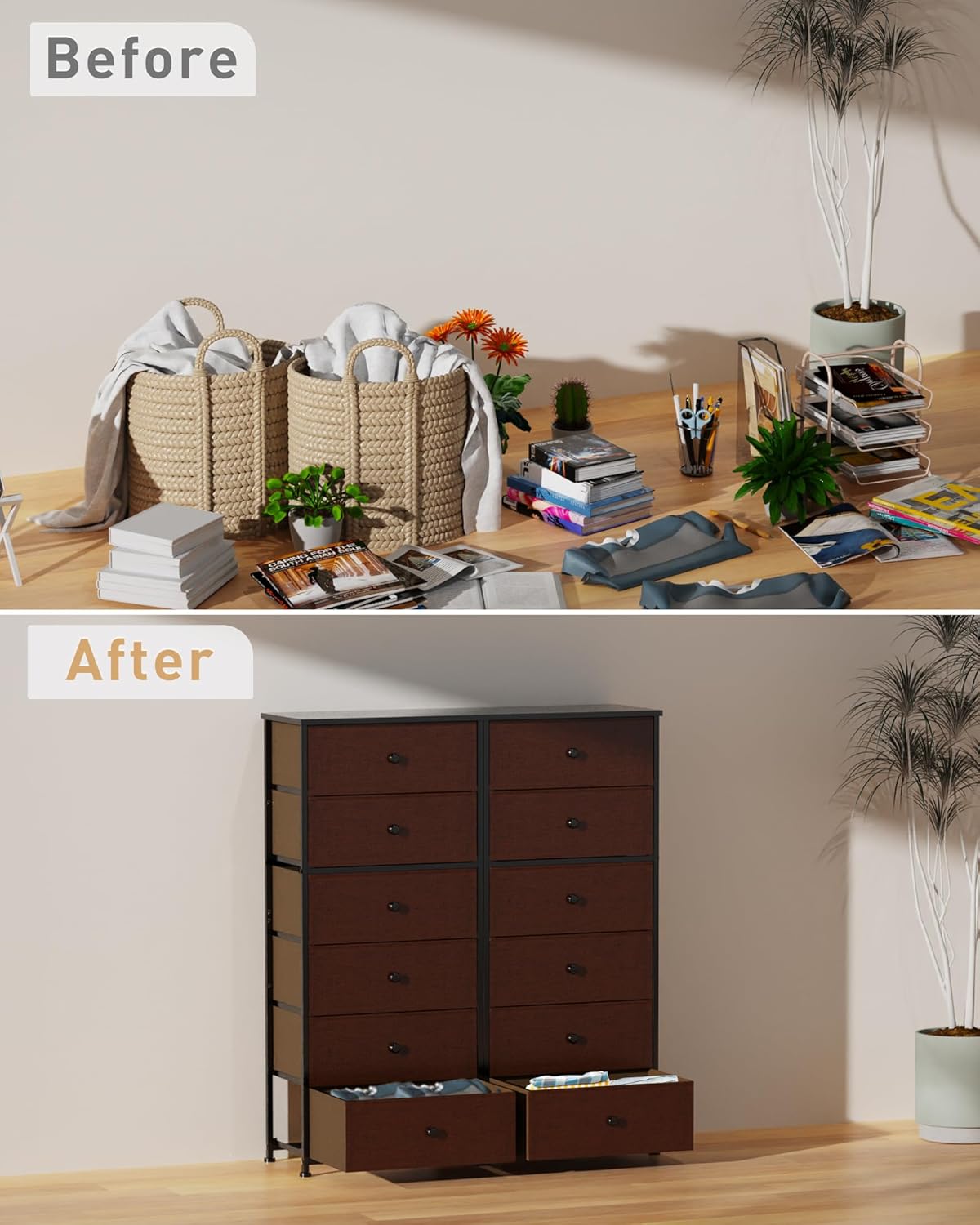 Tall Fabric Dresser for Bedroom, Vertical Storage Organizer Tower with 6 Drawers, Chest of Drawers with Bins, Steel Frame, Wood Top for Bedroom, Closet, Entryway Brown