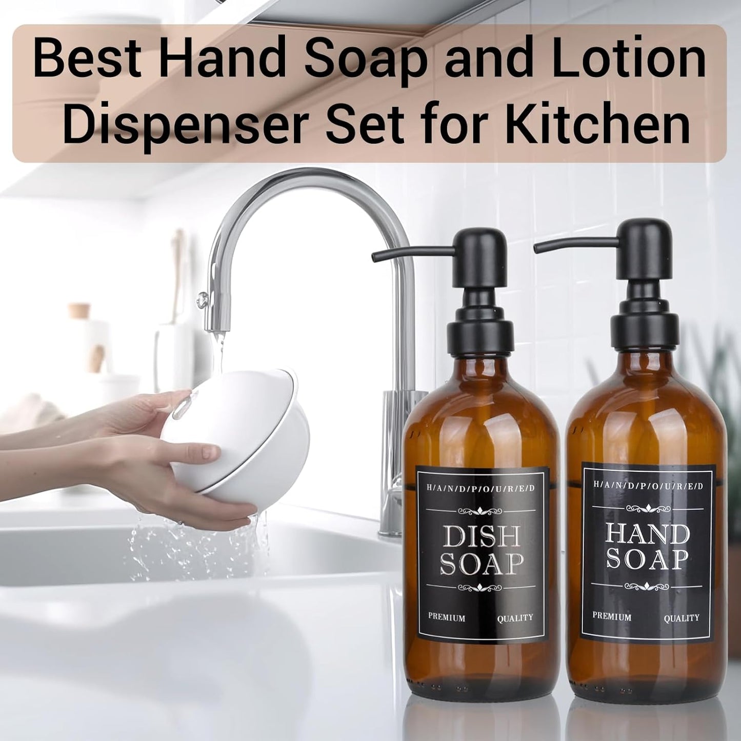 2 Pack Brown Glass Bottle, Soap Dispenser with Stainless Steel Pump,17 oz Upgrade Hand and Dish Soap Dispensers Kitchen, Hand Soap Dispenser Bathroom Accessories for Hotel, Vacation Rental, Restaurant