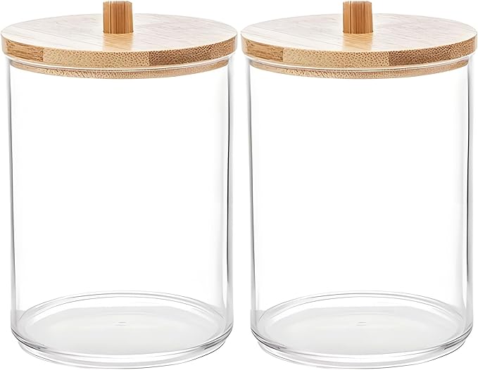 AXX Qtip Dispenser Apothecary Jars Bathroom - Qtip Holder Storage Canister Clear Plastic Jar for Cotton Swab,Q-Tips,Cotton Rounds (C#Bamboo2 3Pcs)