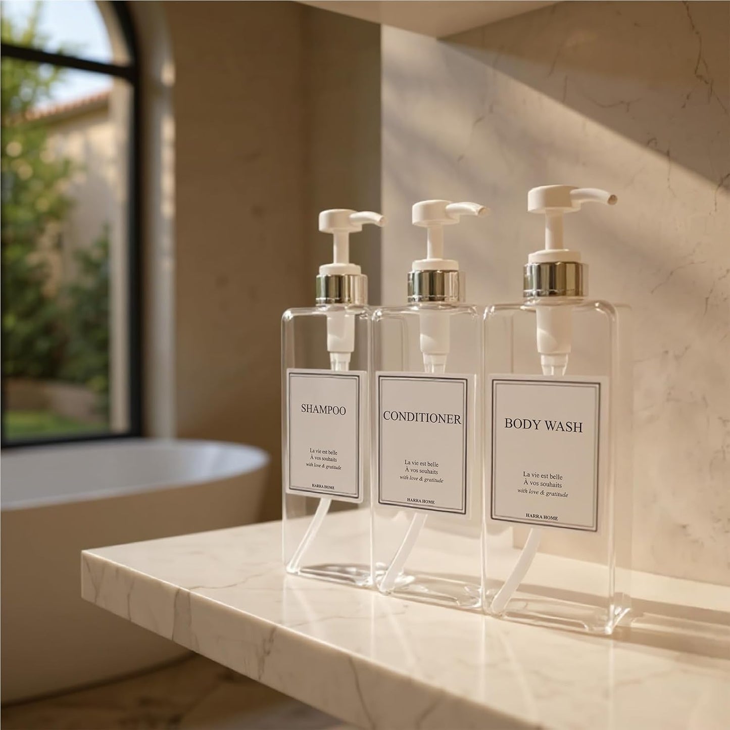 Modern Design 27 oz Shampoo and Conditioner Dispensers - Plastic Refillable Pump Bottle Set for Bathroom Shower Soap Dispenser, Gift Box Included, Set of 3 (Clear & Silver)